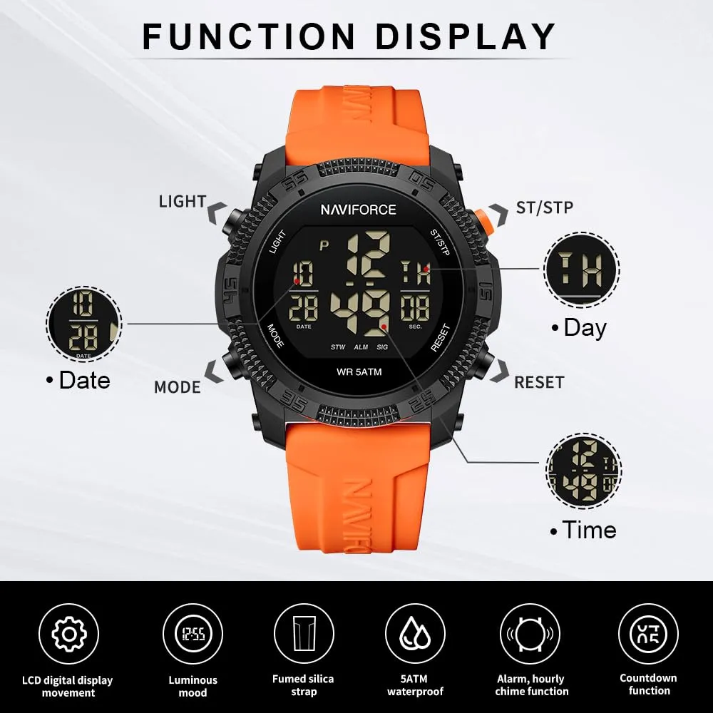 Naviforce Orologio digitale sportivo impermeabile da uomo con cronometro, allarme, cinturino in gomma, orologio da polso per donna - immagine 4