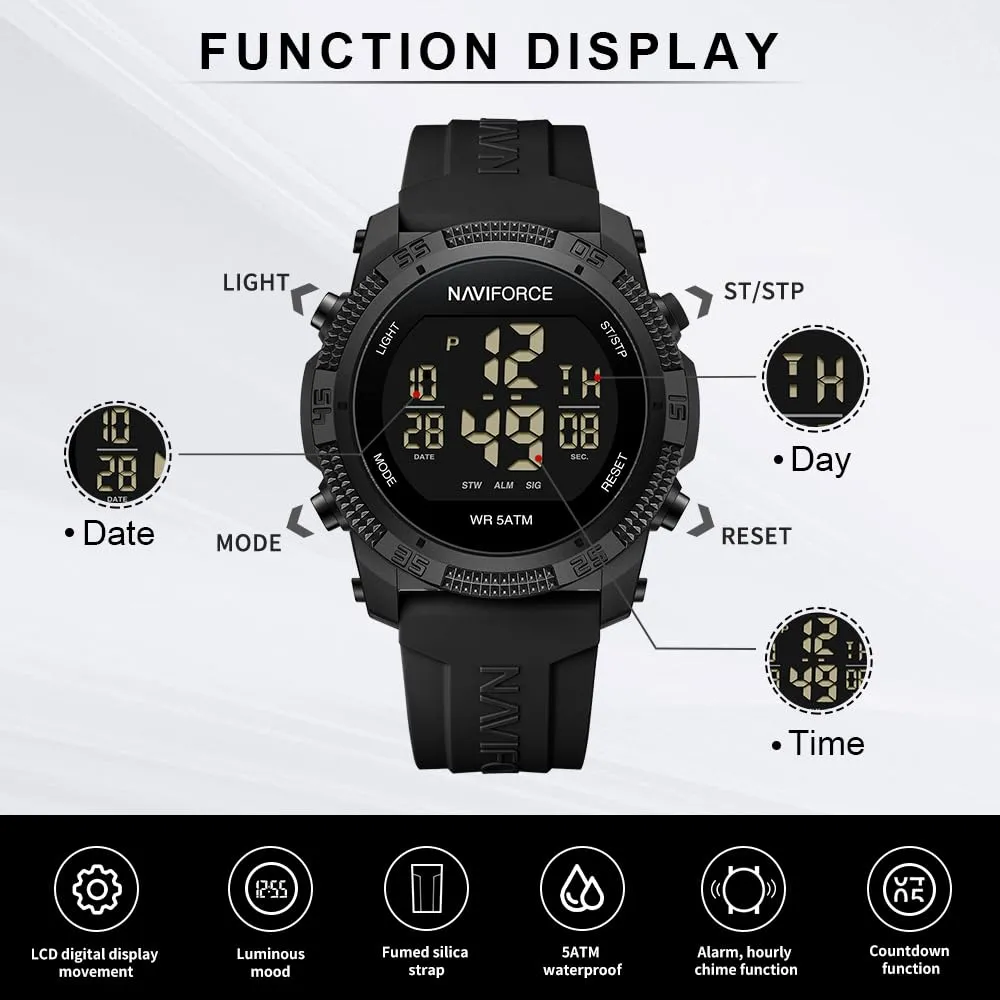 Naviforce Orologio digitale sportivo impermeabile da uomo con cronometro, allarme, cinturino in gomma, orologio da polso per donna - immagine 4