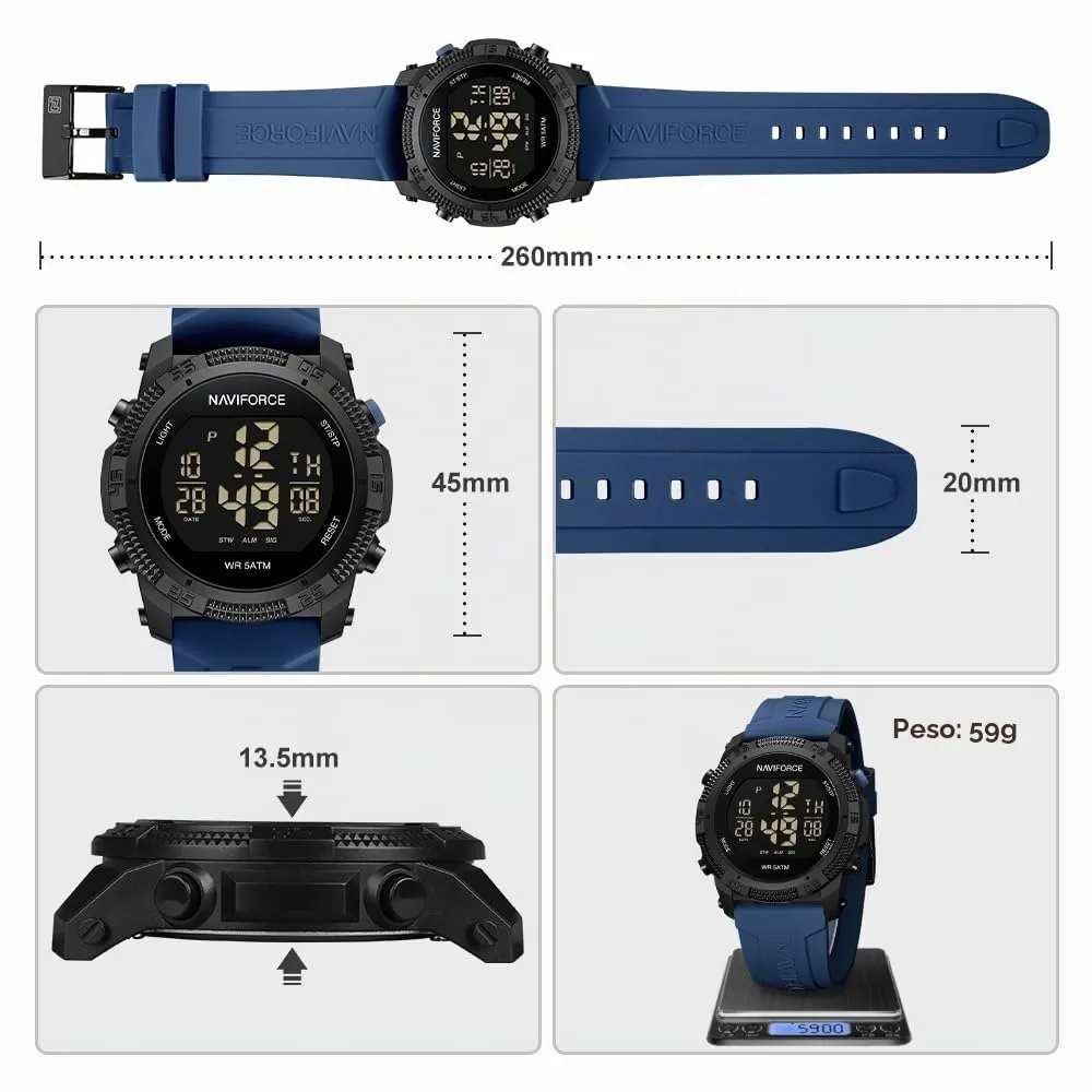 Naviforce Orologio digitale sportivo impermeabile da uomo con cronometro, allarme, cinturino in gomma, orologio da polso per donna - immagine 3