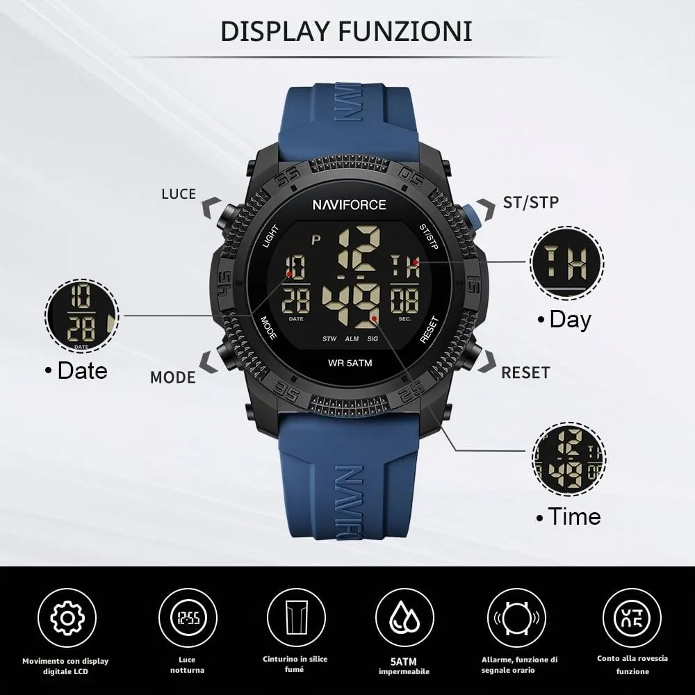 Naviforce Orologio digitale sportivo impermeabile da uomo con cronometro, allarme, cinturino in gomma, orologio da polso per donna - immagine 4