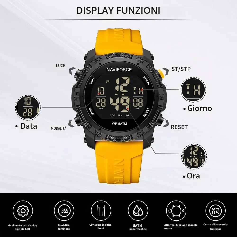 Naviforce Orologio digitale sportivo impermeabile da uomo con cronometro, allarme, cinturino in gomma, orologio da polso per donna - immagine 4