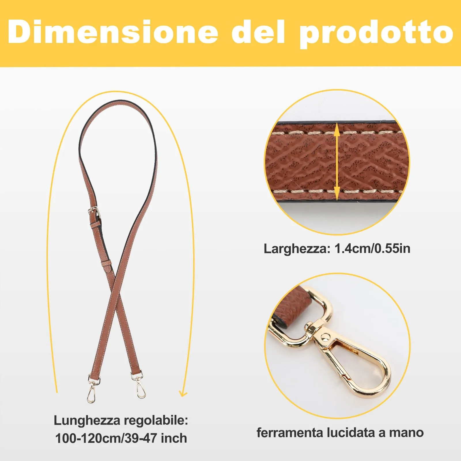 Tracolla per Longchamp Borsa Donna, Tracolla Regolabile per Borse, Cinghie di Trasporto in Pelle Giallo-Marrone per Longchamp Mini Bag Straps, Estensione Della (Larghezza della tracolla 1,4 cm) - immagine 4