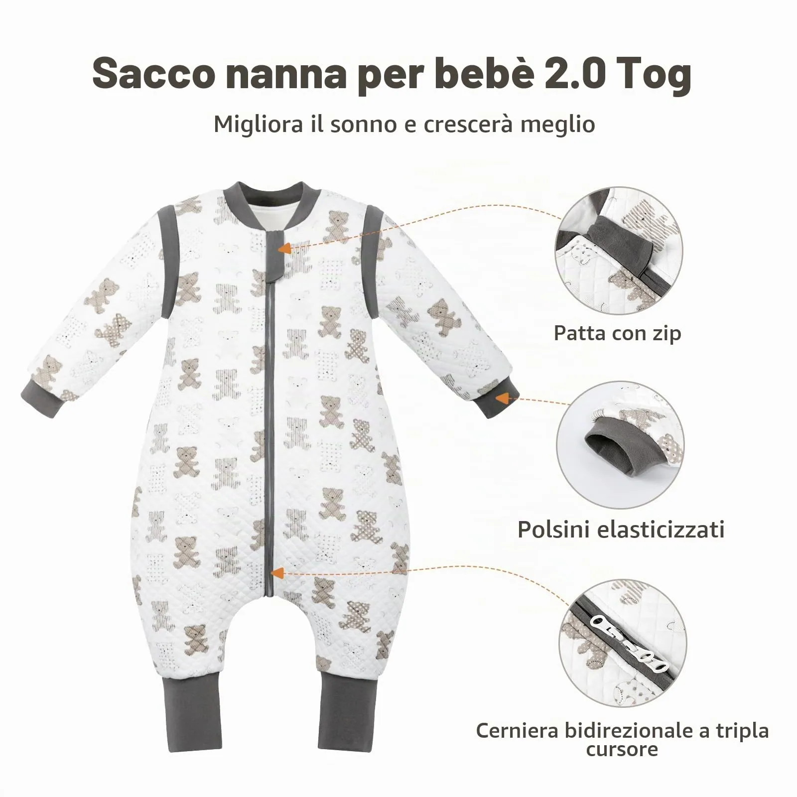 MIKAFEN Sacco Nanna Con Piedi Bambini 2.0 Tog, Maniche Rimovibili,3-4 Anni - immagine 3