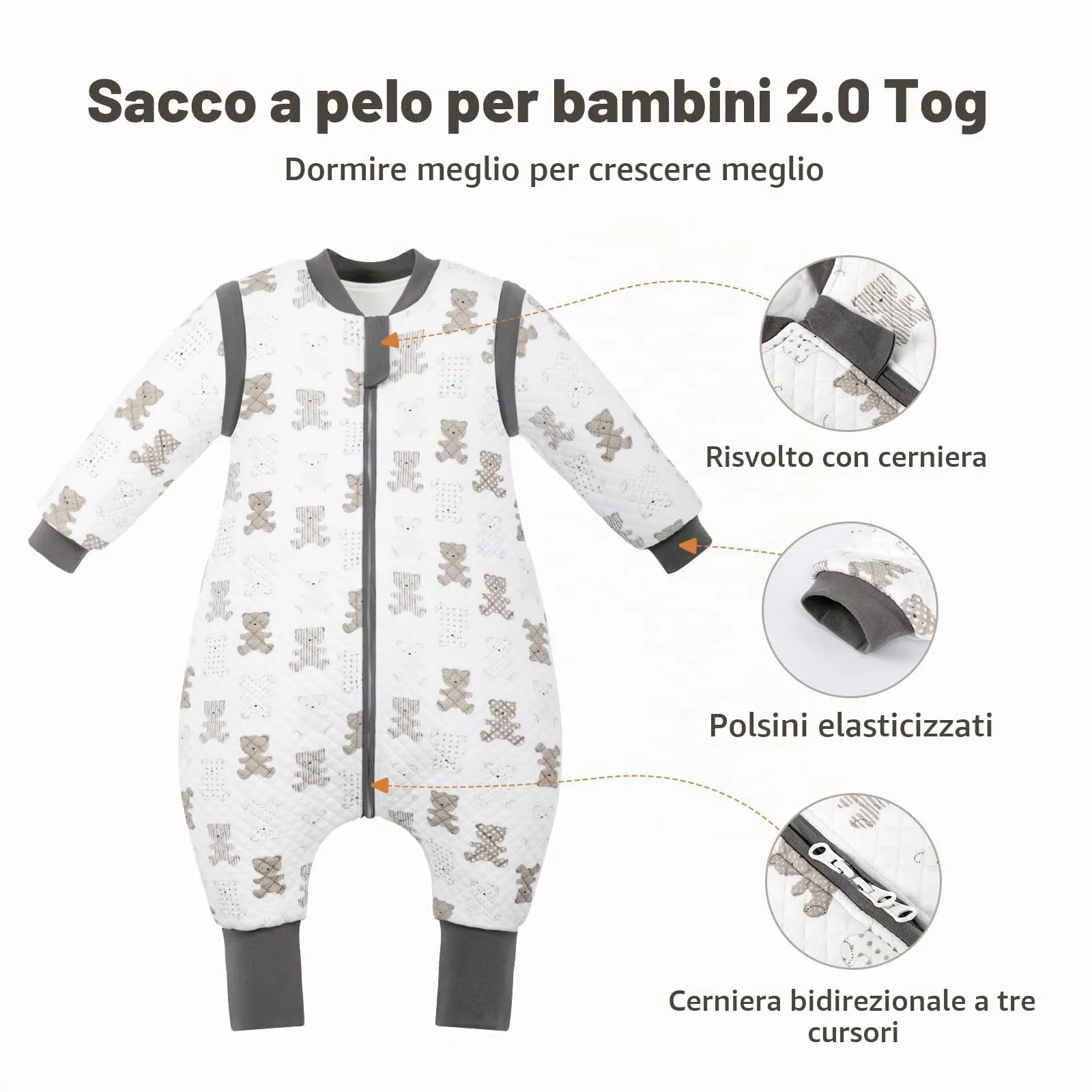 MIKAFEN Sacco Nanna Con Piedi Bambini 2.0 Tog, Maniche Rimovibili,6-18 mesi - immagine 3
