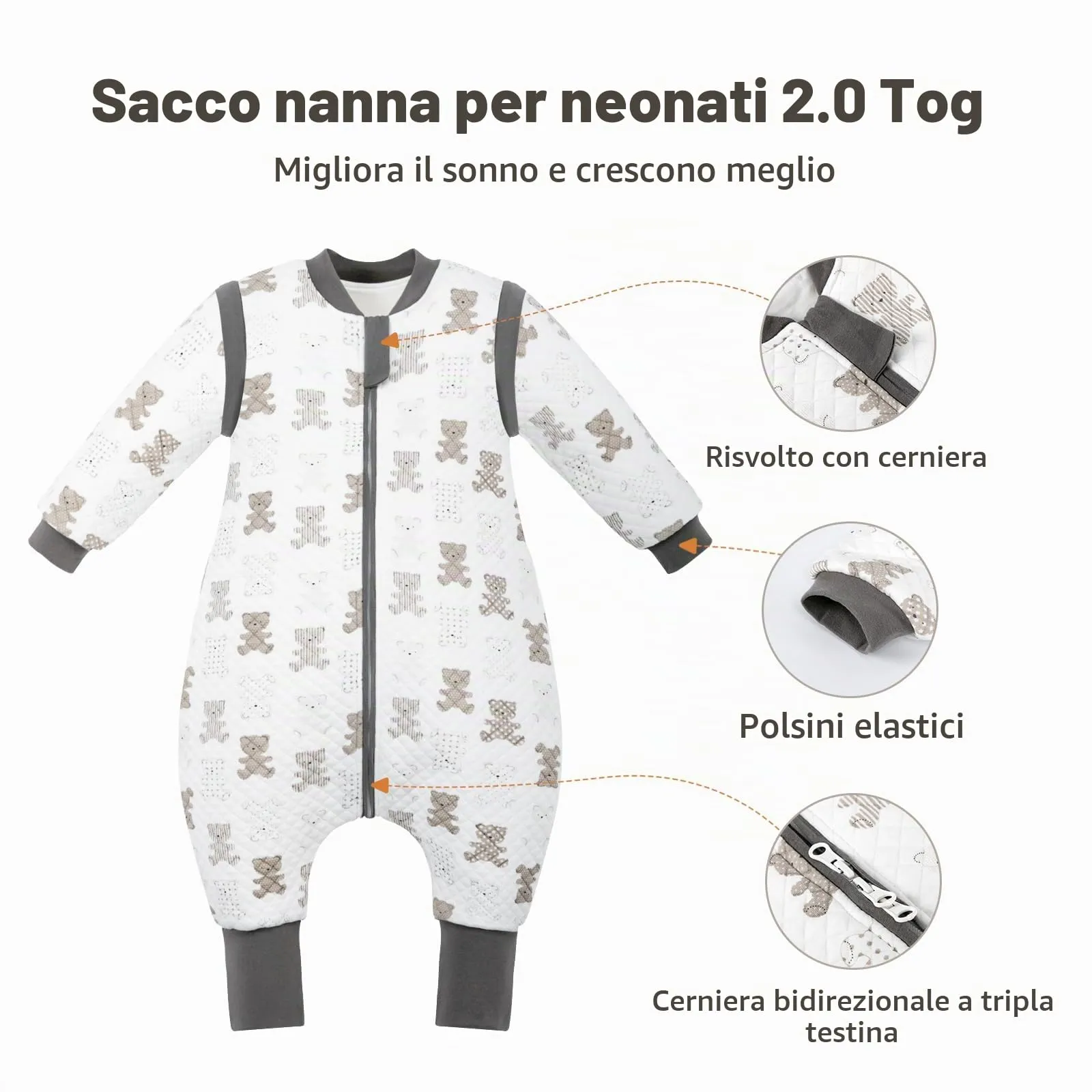 MIKAFEN Sacco Nanna Con Piedi Bambini 2.0 Tog, Maniche Rimovibili,4-5 Anni - immagine 3