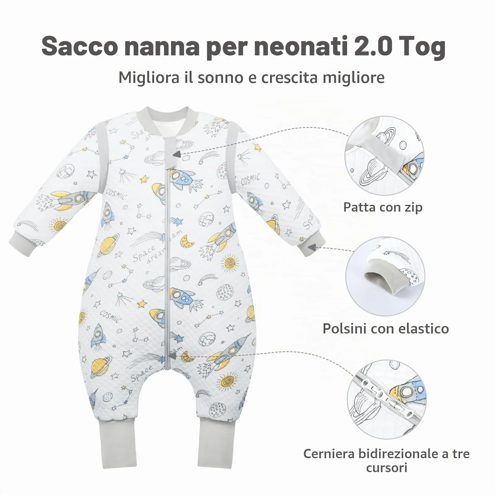 MIKAFEN Sacco Nanna Con Piedi Bambini 2.0 Tog, Maniche Rimovibili,18-36mesi - immagine 3
