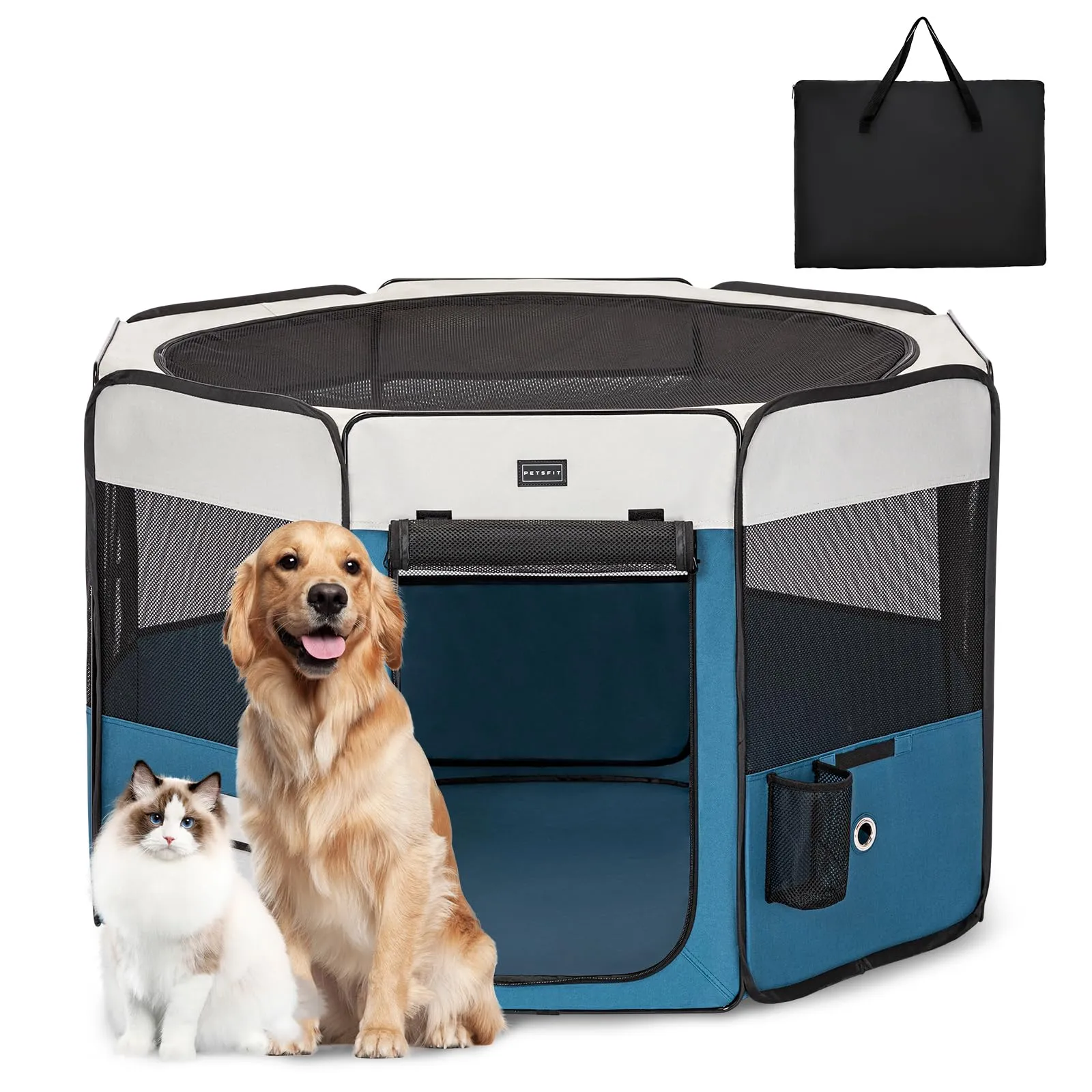 PETSFIT Recinto per Cani pieghevole, con Coperchio rimovibile, Cuccia per Animali con Pavimento impermeabile in Tessuto, grigio e blu, 116 * 106 * 70CM - immagine 1