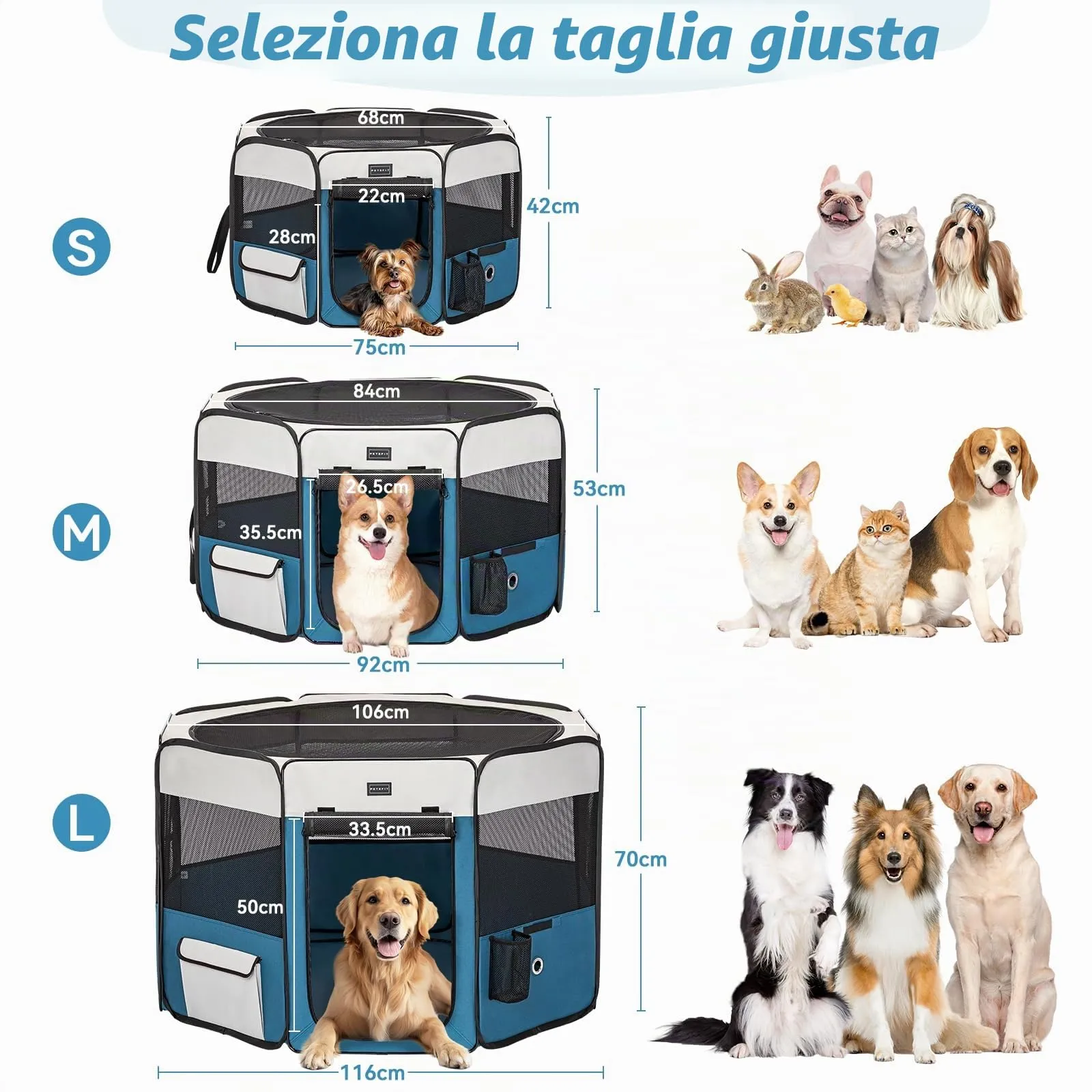 PETSFIT Recinto per Cani pieghevole, con Coperchio rimovibile, Cuccia per Animali con Pavimento impermeabile in Tessuto, grigio e blu, 116 * 106 * 70CM - immagine 7