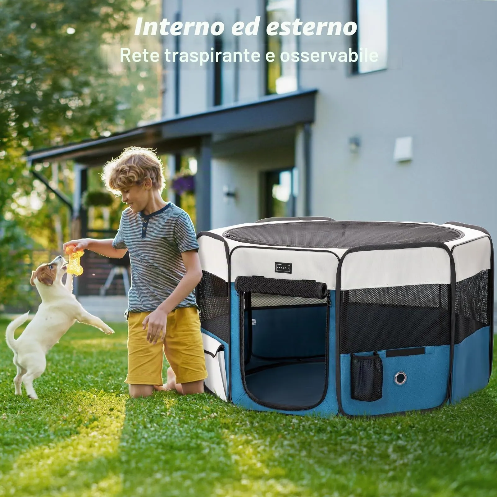 PETSFIT Recinto per Cani pieghevole, con Coperchio rimovibile, Cuccia per Animali con Pavimento impermeabile in Tessuto, grigio e blu, 116 * 106 * 70CM - immagine 9