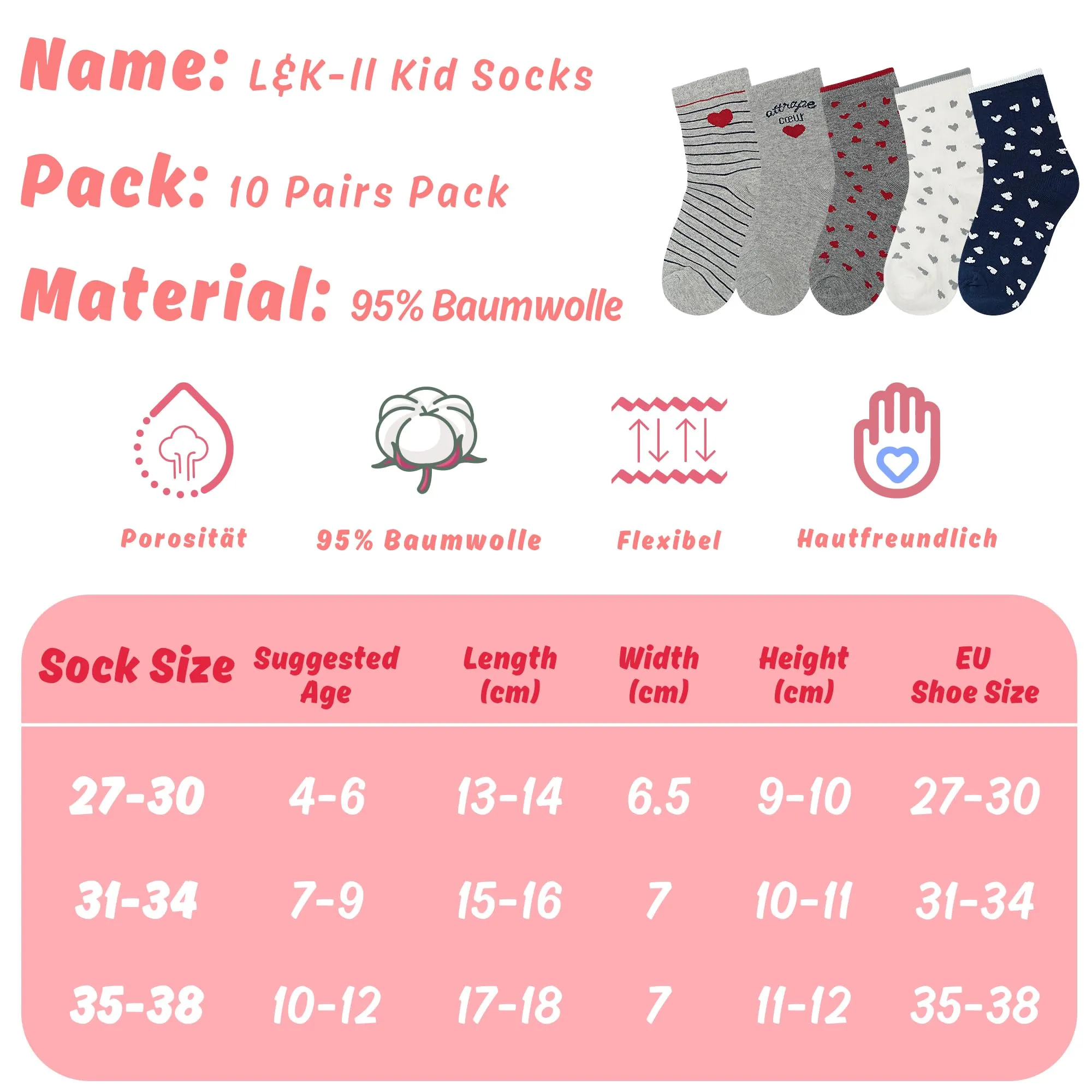 L&K-II 10 paia Calzini in Cotone per Ragazze e Bambini Modello Carino Calzini da Ginnastica per Bambini Colorati 2887 27-30 - immagine 6
