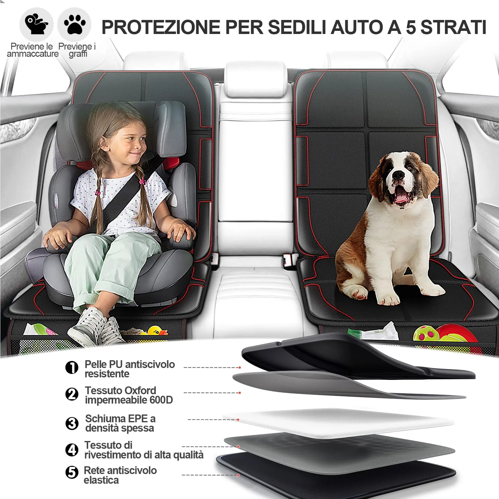 Gimars XL Protettore di Sedili Auto, 2 pezzi, [Compatibile ISOFIX] Universale Antiscivolo Impermeabile Tessuto Oxford 600D Coprisedili Auto Bambini con 2 Tasche Rete per SUV Berline Camion, Nero - immagine 4