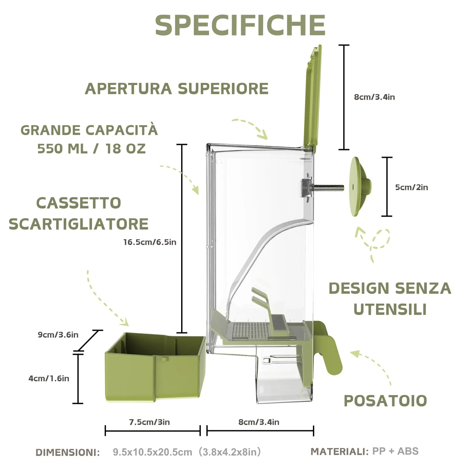 Mangiatoia automatica per uccelli, mangiatoia per gabbia per uccelli con trespolo per parrocchetto canarino calopsitta fringuello (Verde) - immagine 3
