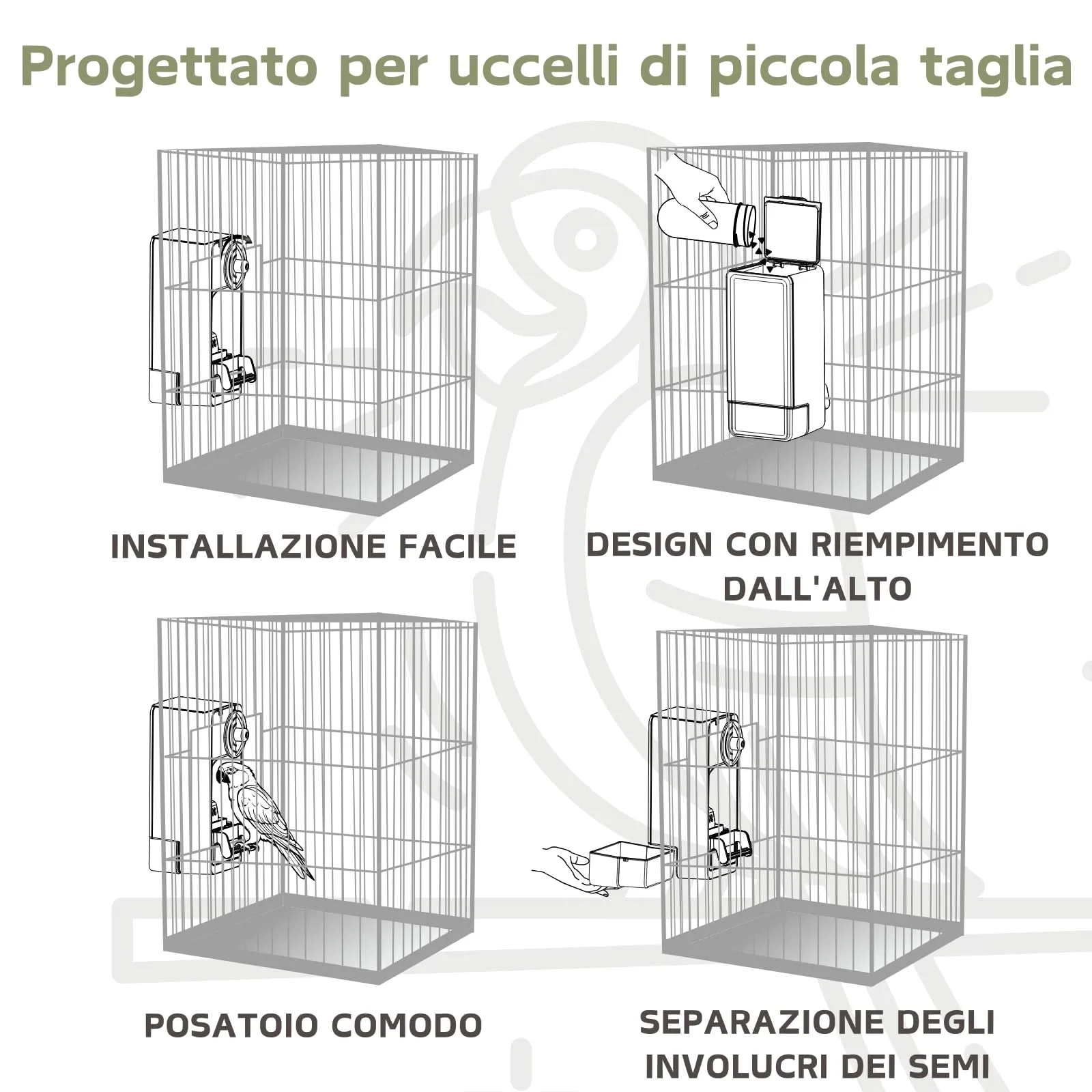 Mangiatoia automatica per uccelli, mangiatoia per gabbia per uccelli con trespolo per parrocchetto canarino calopsitta fringuello (Verde) - immagine 5