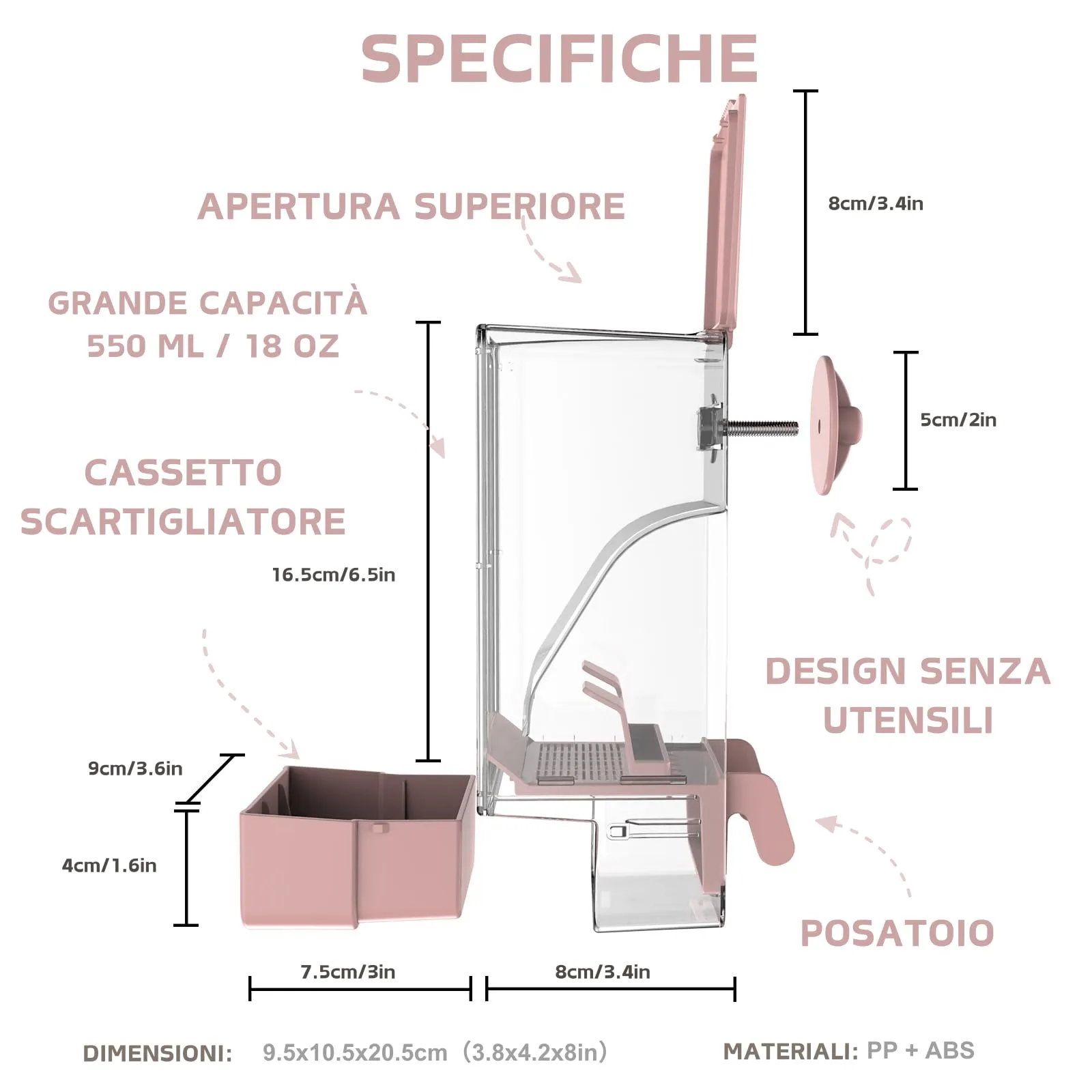 Mangiatoia automatica per uccelli, mangiatoia per gabbia per uccelli con trespolo per parrocchetto canarino calopsitta fringuello (Rosa) - immagine 2