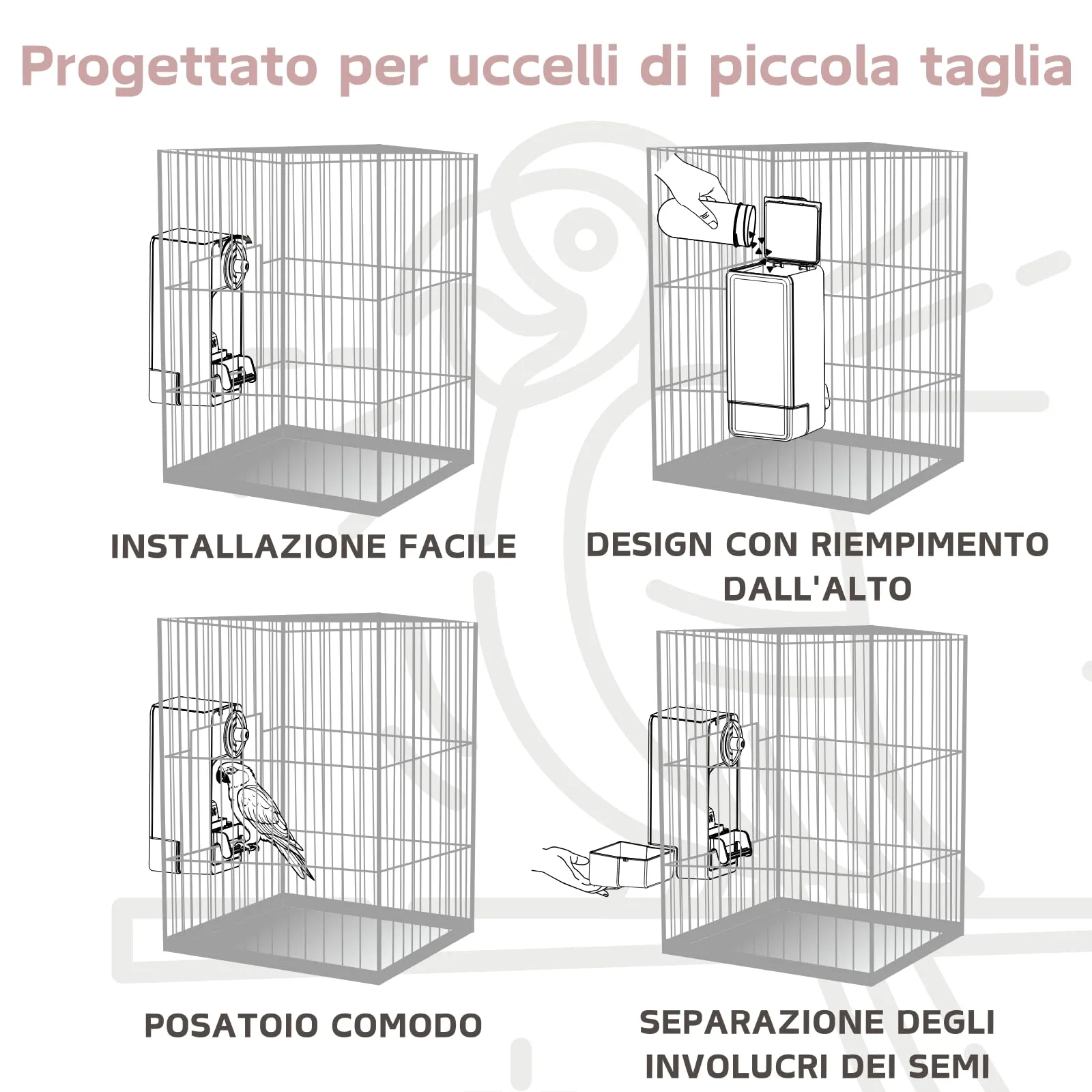 Mangiatoia automatica per uccelli, mangiatoia per gabbia per uccelli con trespolo per parrocchetto canarino calopsitta fringuello (Rosa) - immagine 3