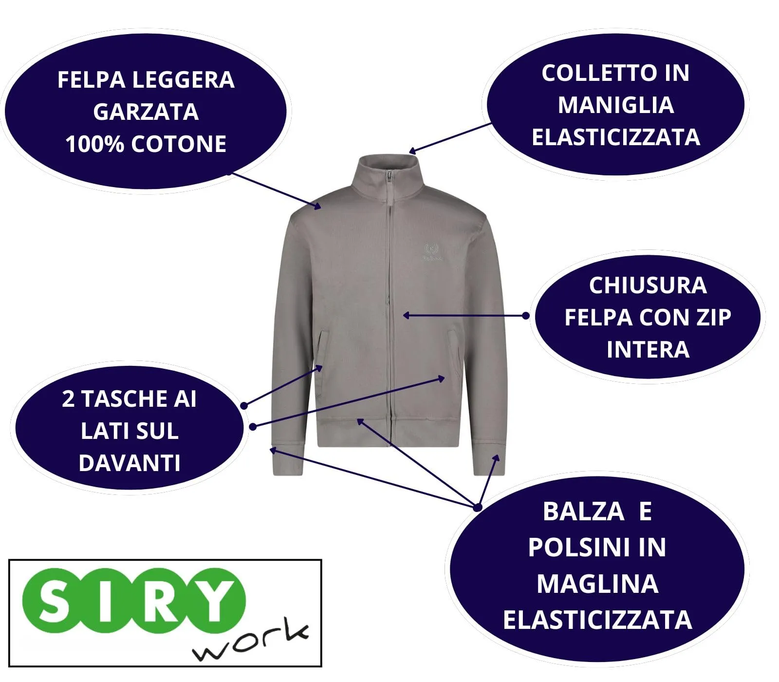 Siry Work Felpa Leggera Be Board Art. 9114 100% Cotone con Tasche e Zip Intera (S-Grigio Medio) - immagine 3