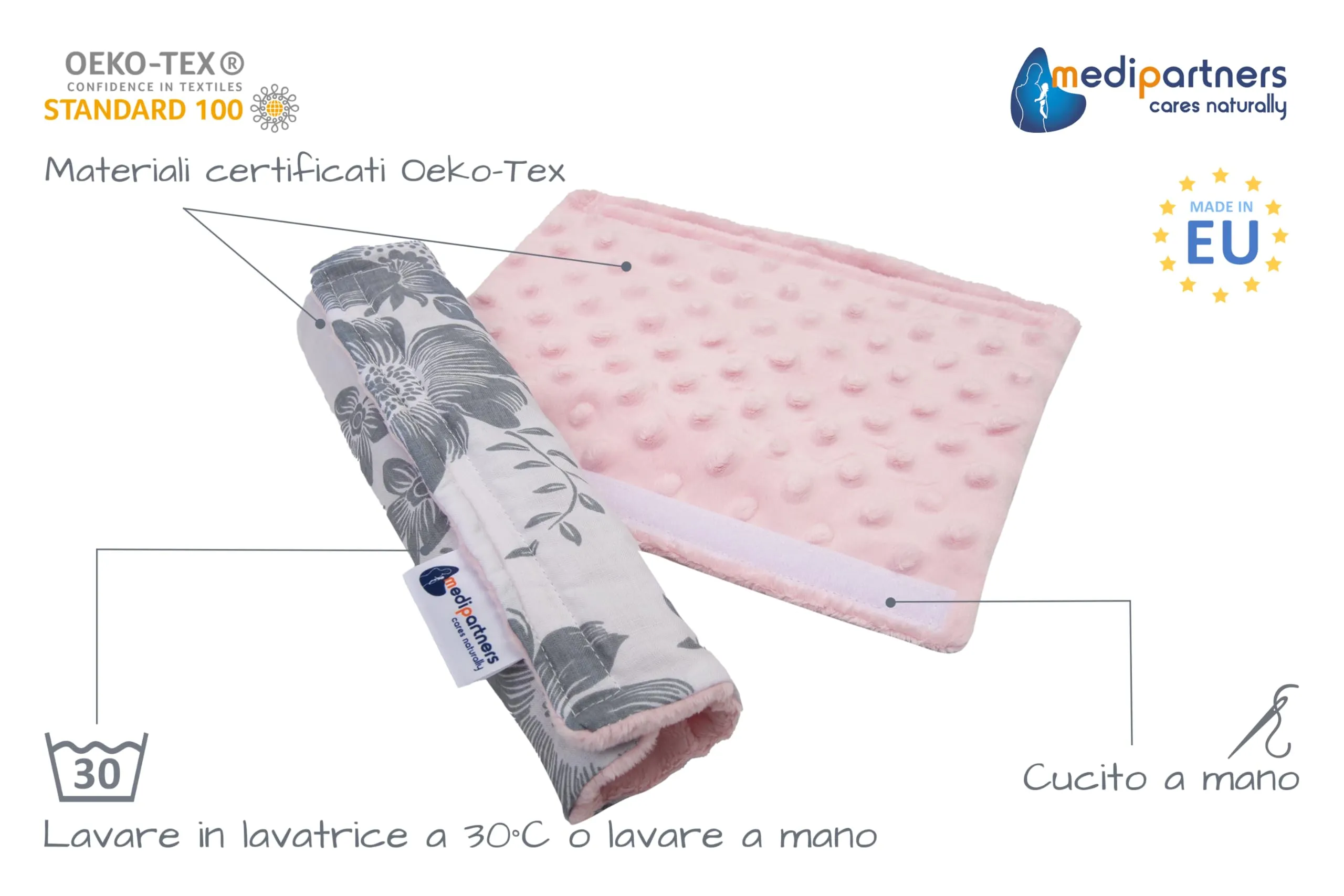 Medi Partners Copri Cintura di Sicurezza Auto Copricintura Bambini Car Cuscino 17x22cm 100% Cotone Minky Cinture Kids Copri Seggiolino Protezione (Bacca con minky rosa) - immagine 2