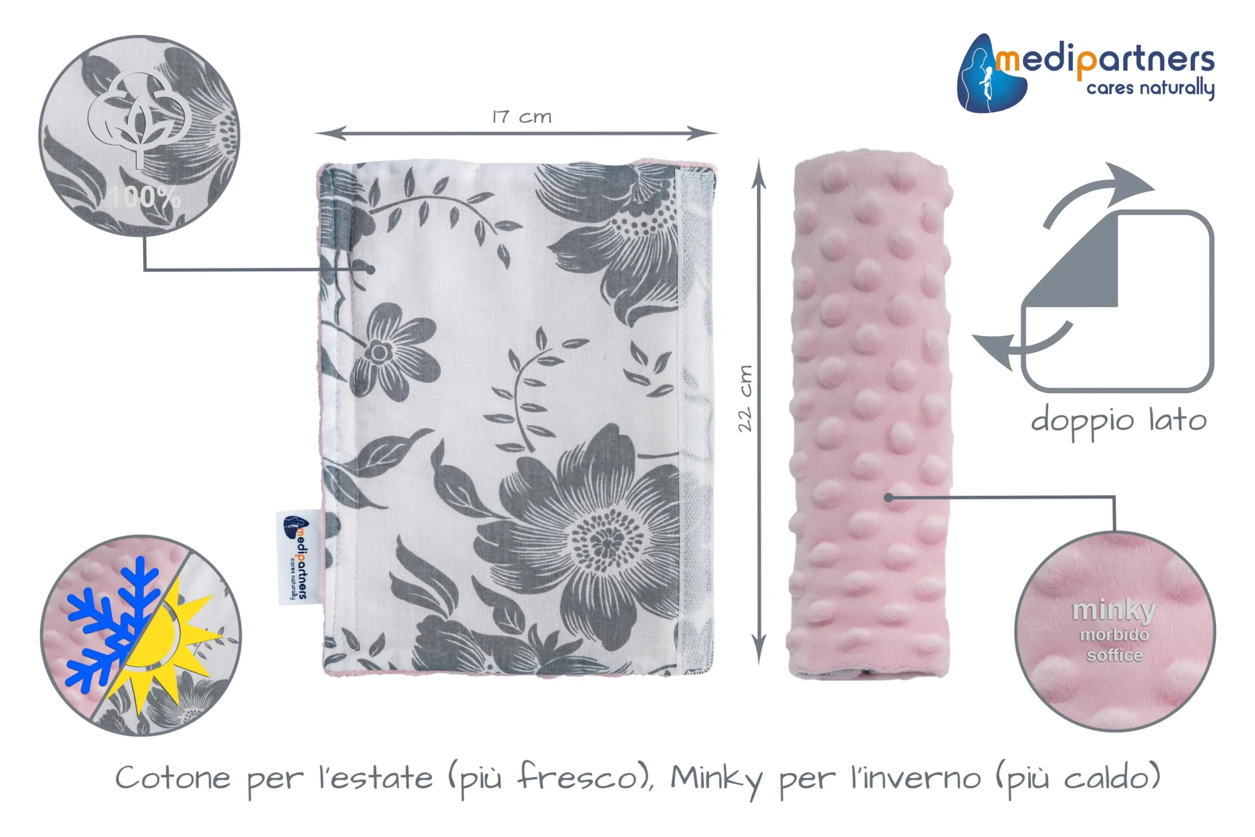 Medi Partners Copri Cintura di Sicurezza Auto Copricintura Bambini Car Cuscino 17x22cm 100% Cotone Minky Cinture Kids Copri Seggiolino Protezione (Bacca con minky rosa) - immagine 3