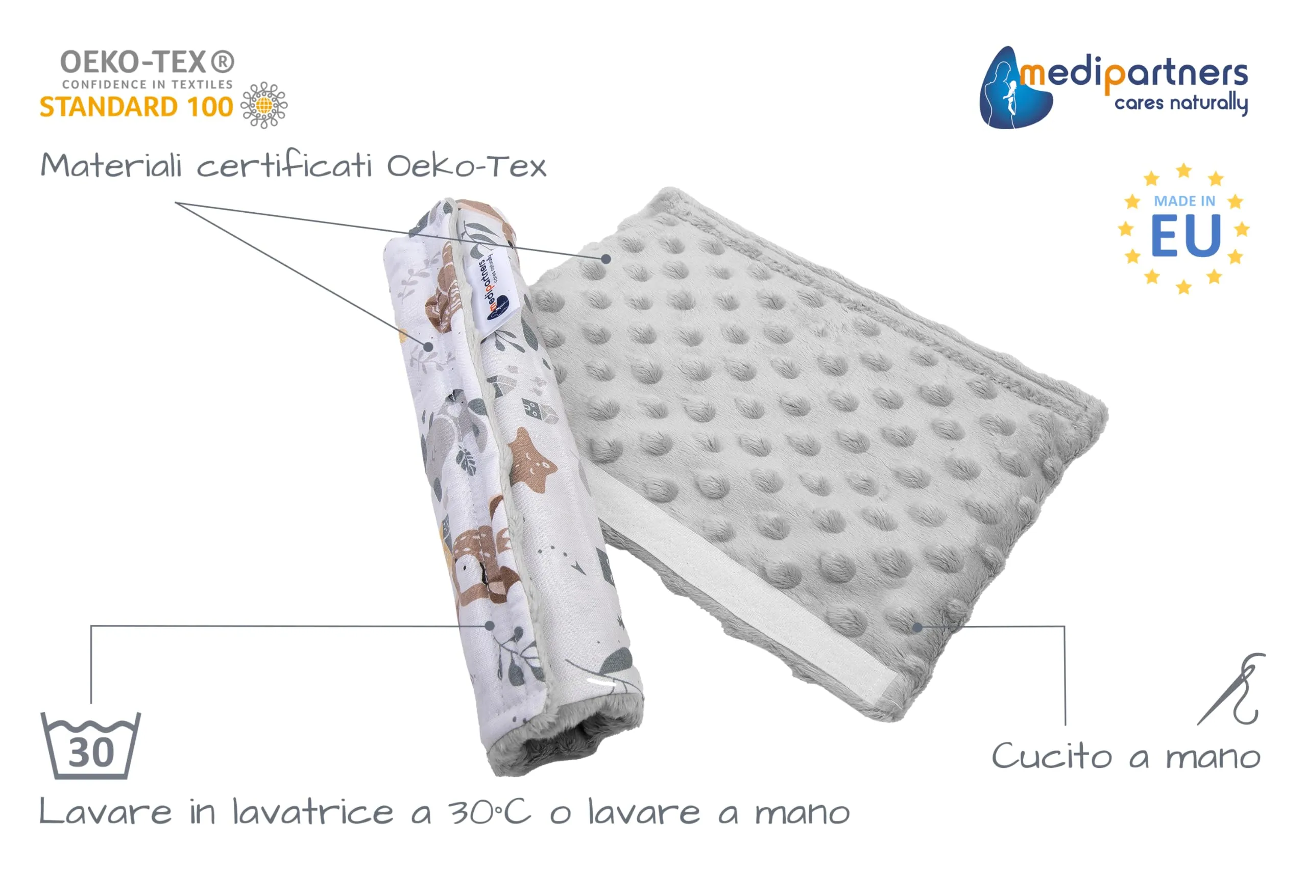 Medi Partners Copri Cintura di Sicurezza Auto Copricintura Bambini Car Cuscino 17x22cm 100% Cotone Minky Cinture Kids Copri Seggiolino Protezione (Cervo con minky grigio) - immagine 2
