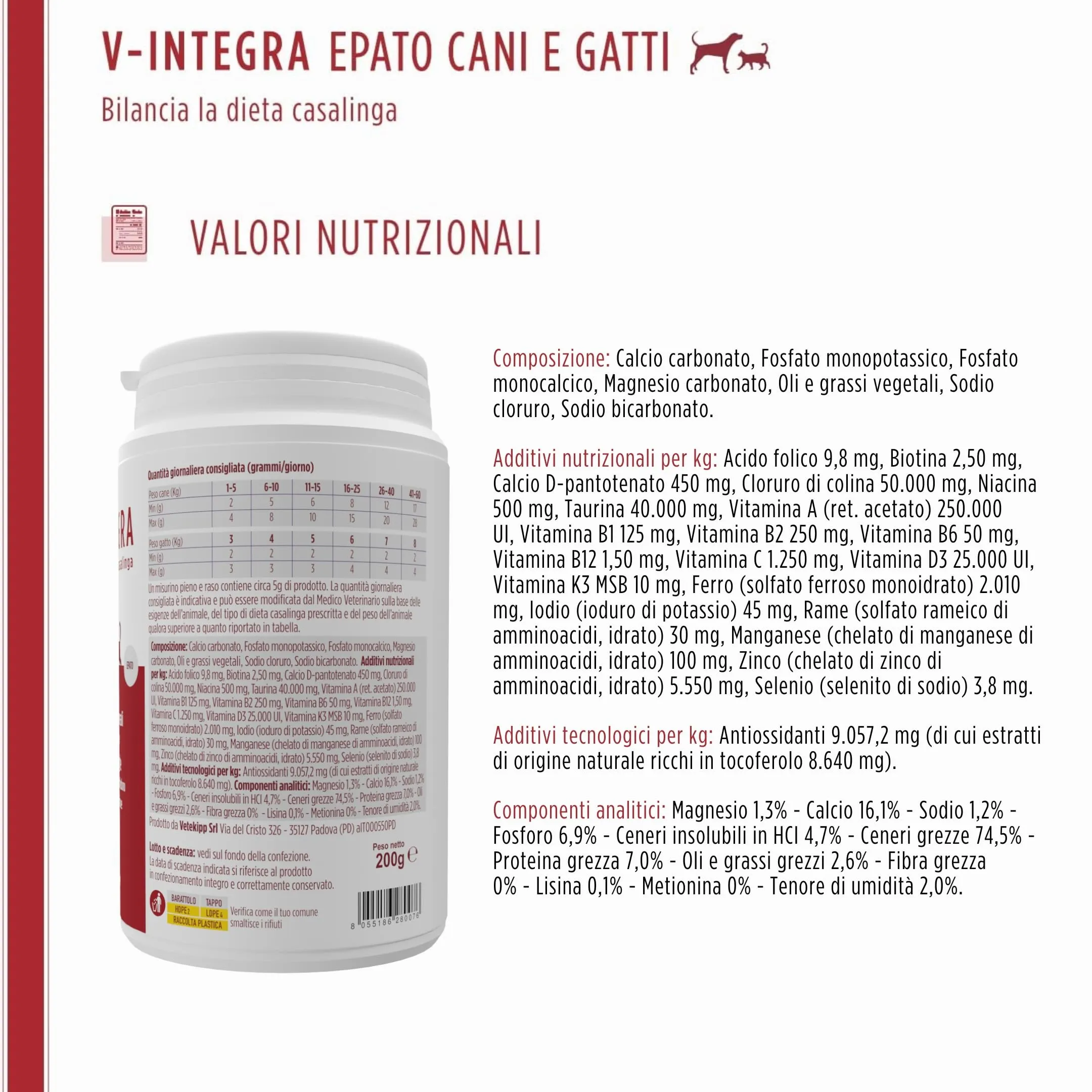 V-INTEGRA Epato 200g, Integratore Vitamine e Minerali per Bilanciare Diete Casalinghe di Cani e Gatti che Richiedono una Restrizione di Rame, Multivitaminico Cane e Gatto Made in Italy - immagine 7