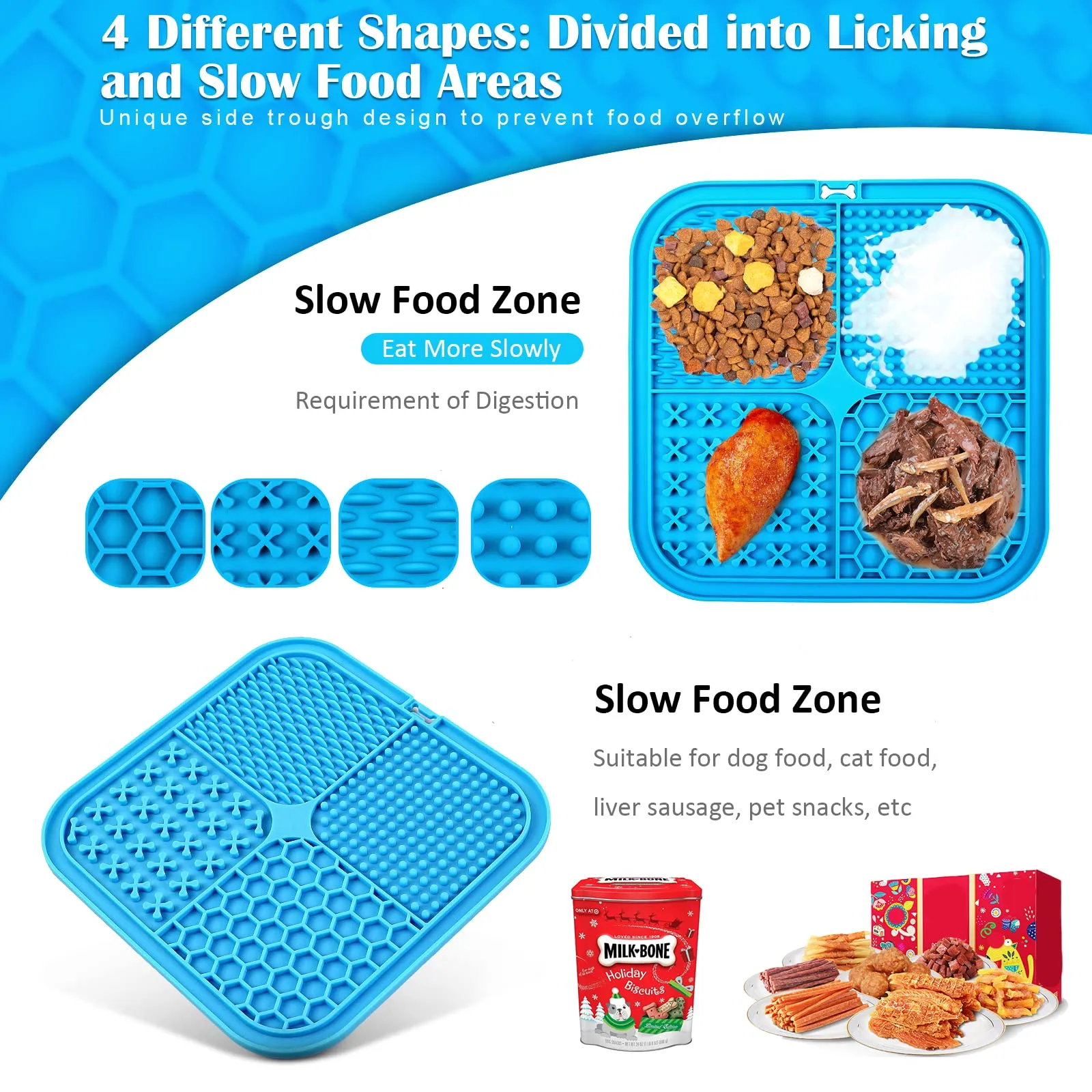 Romon Tappetino Leccare Cane, 20x20cm Cane Pad Leccare con Spatola Silicone, Senza BPA Tappetini Leccare Cani con Ventosa, Lick Mat per Bagno Toelettatura Addestramento Curarlo (Blu) - immagine 2
