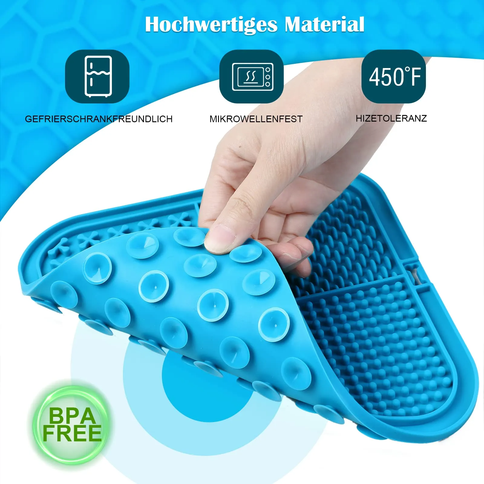 Romon Tappetino Leccare Cane, 20x20cm Cane Pad Leccare con Spatola Silicone, Senza BPA Tappetini Leccare Cani con Ventosa, Lick Mat per Bagno Toelettatura Addestramento Curarlo (Blu) - immagine 4
