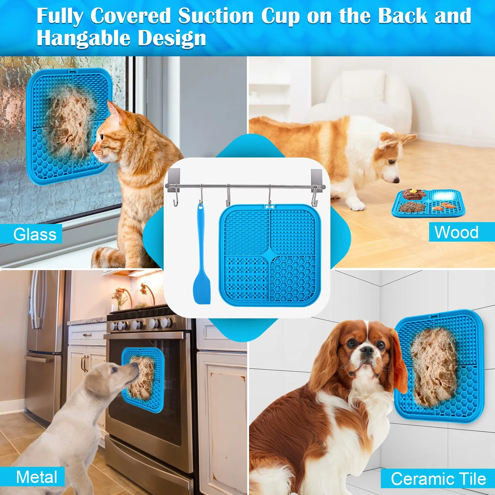 Romon Tappetino Leccare Cane, 20x20cm Cane Pad Leccare con Spatola Silicone, Senza BPA Tappetini Leccare Cani con Ventosa, Lick Mat per Bagno Toelettatura Addestramento Curarlo (Blu) - immagine 5