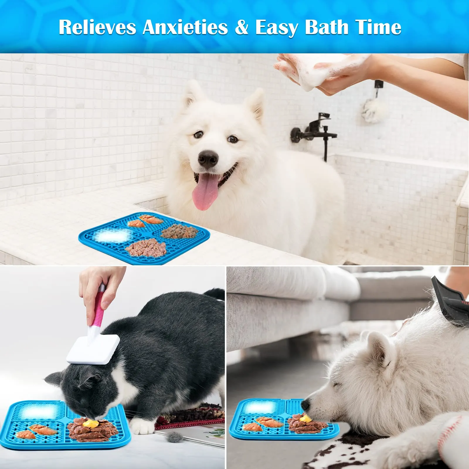 Romon Tappetino Leccare Cane, 20x20cm Cane Pad Leccare con Spatola Silicone, Senza BPA Tappetini Leccare Cani con Ventosa, Lick Mat per Bagno Toelettatura Addestramento Curarlo (Blu) - immagine 7