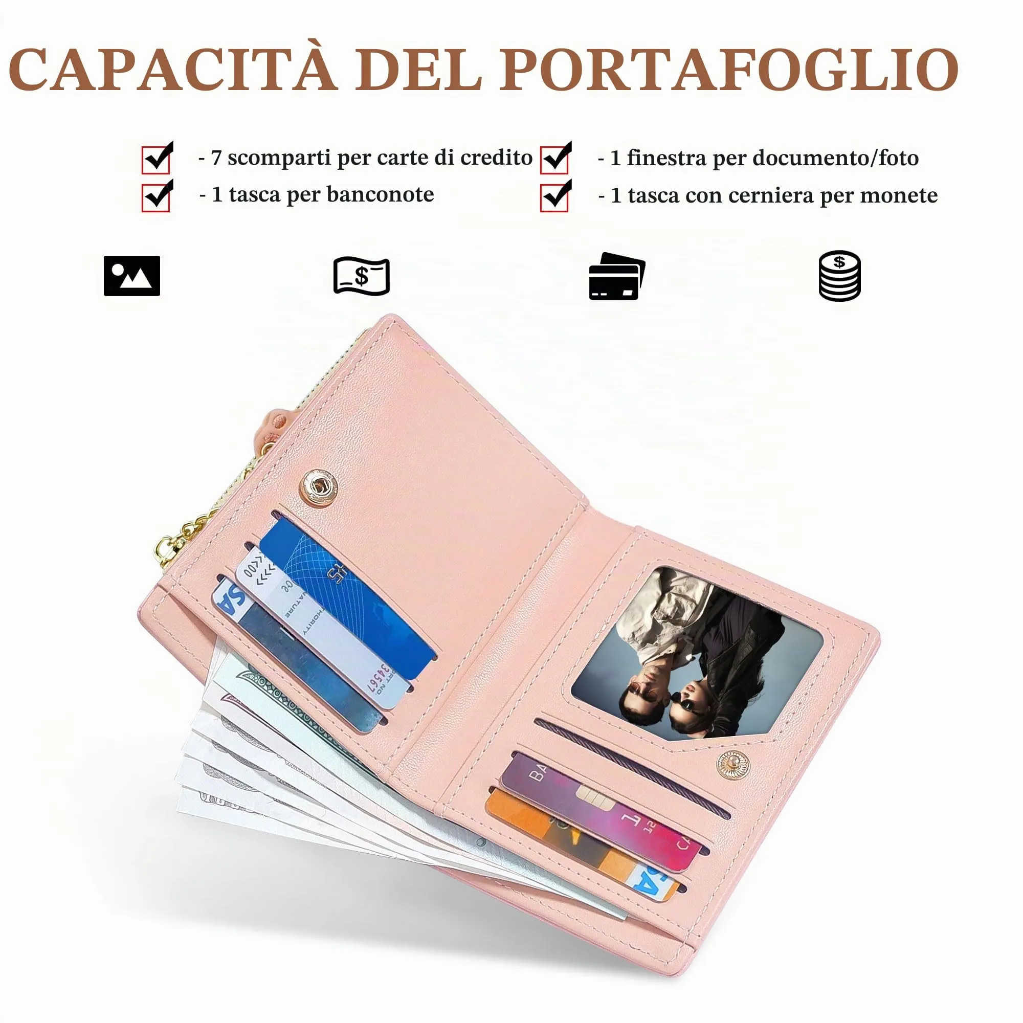 SNCCJ Portafoglio Donna Piccolo Carino, Portafoglio Sottile con Cerniera Portamonete e Bloccaggio RFID per Donna e Ragazza (Gatto Rosa) - immagine 2