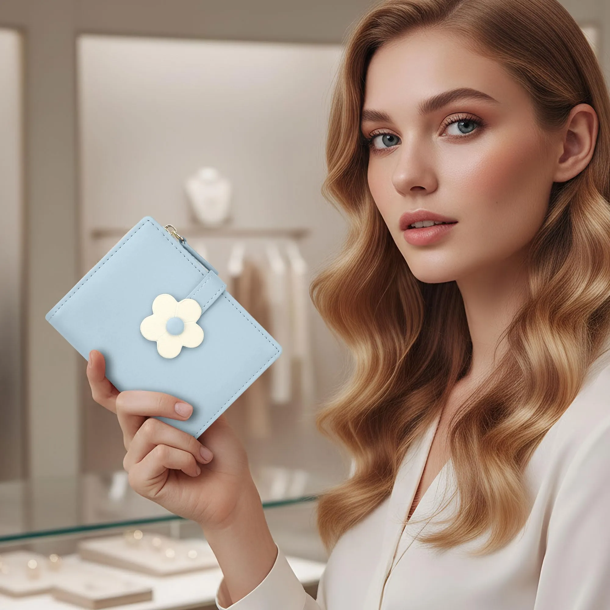 SNCCJ Portafoglio Donna Piccolo Carino, Portafoglio Sottile con Cerniera Portamonete e Bloccaggio RFID per Donna e Ragazza (Fiori Blu) - immagine 3