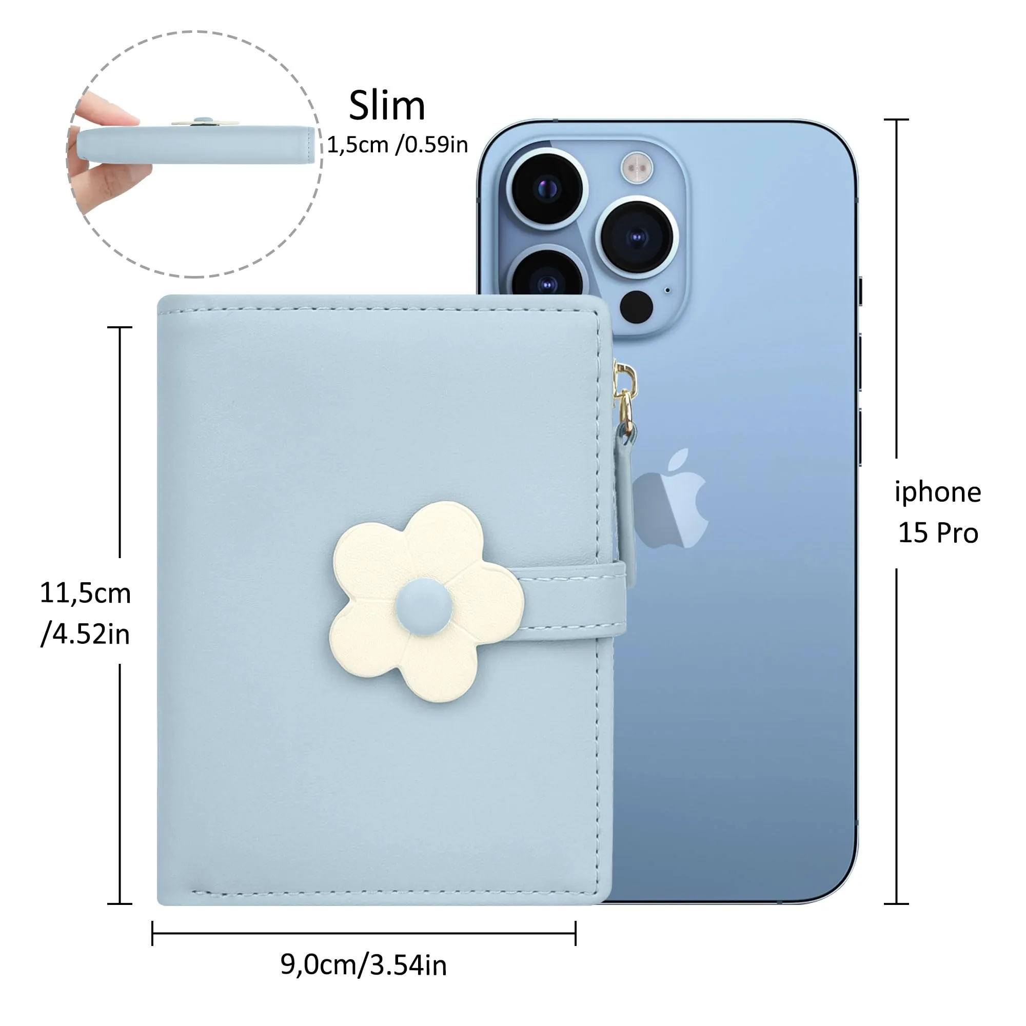 SNCCJ Portafoglio Donna Piccolo Carino, Portafoglio Sottile con Cerniera Portamonete e Bloccaggio RFID per Donna e Ragazza (Fiori Blu) - immagine 4