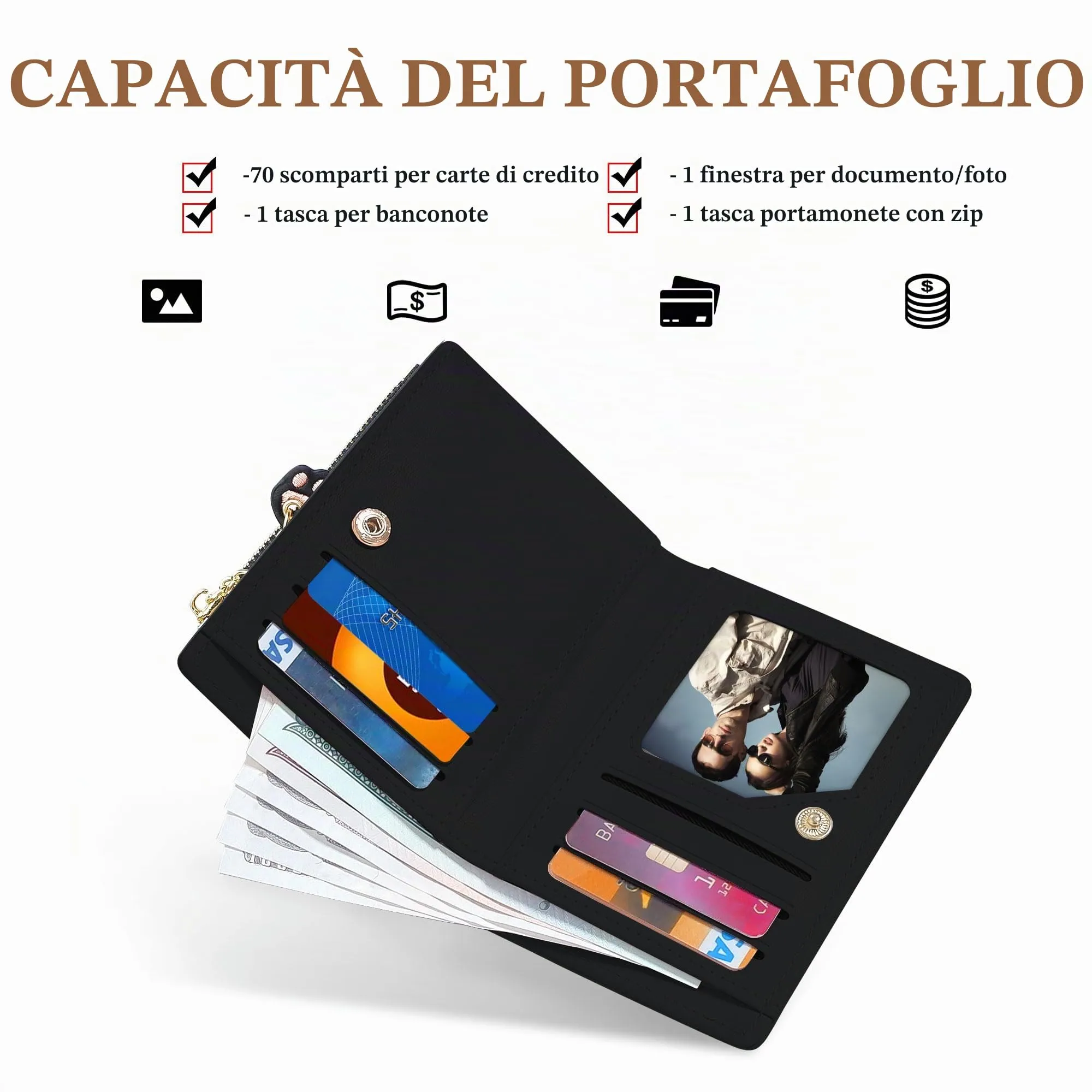 SNCCJ Portafoglio Donna Piccolo Carino, Portafoglio Sottile con Cerniera Portamonete e Bloccaggio RFID per Donna e Ragazza (Gatto Nero) - immagine 2