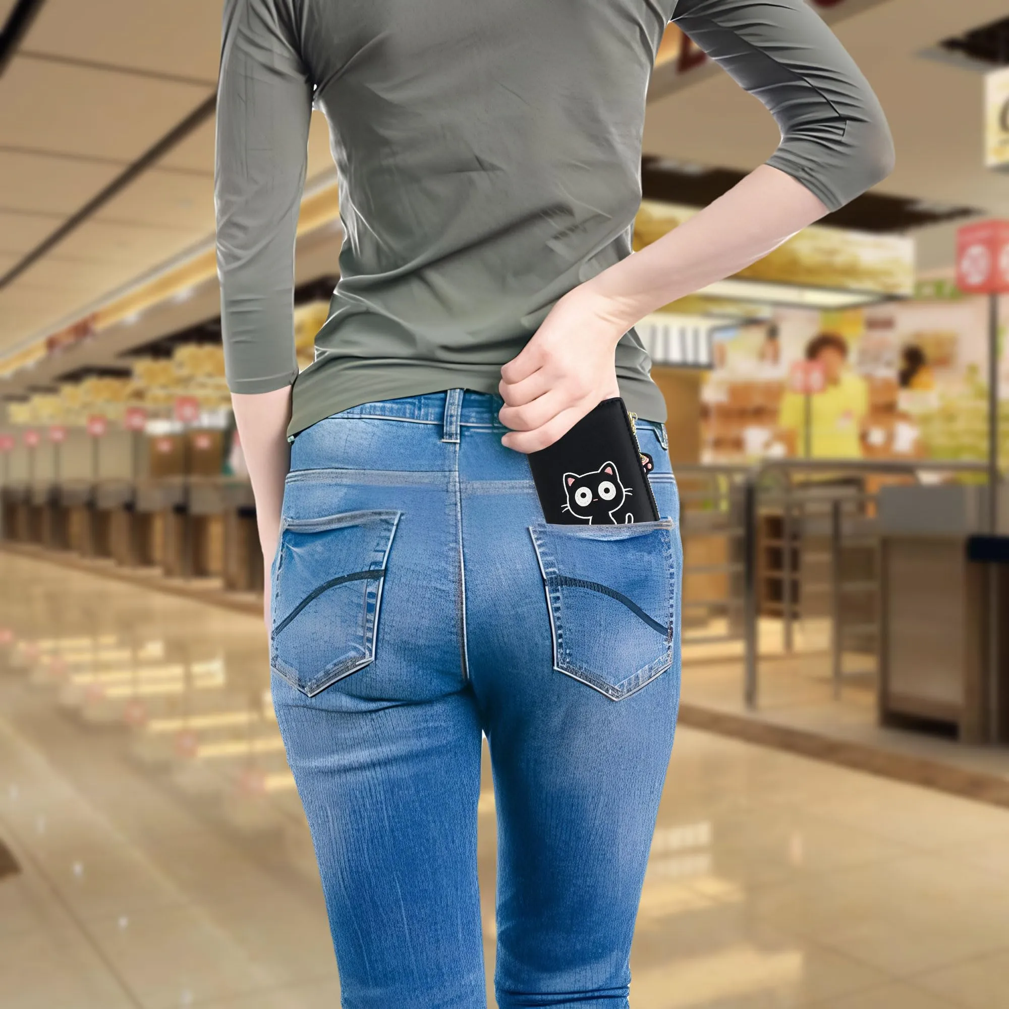 SNCCJ Portafoglio Donna Piccolo Carino, Portafoglio Sottile con Cerniera Portamonete e Bloccaggio RFID per Donna e Ragazza (Gatto Nero) - immagine 8