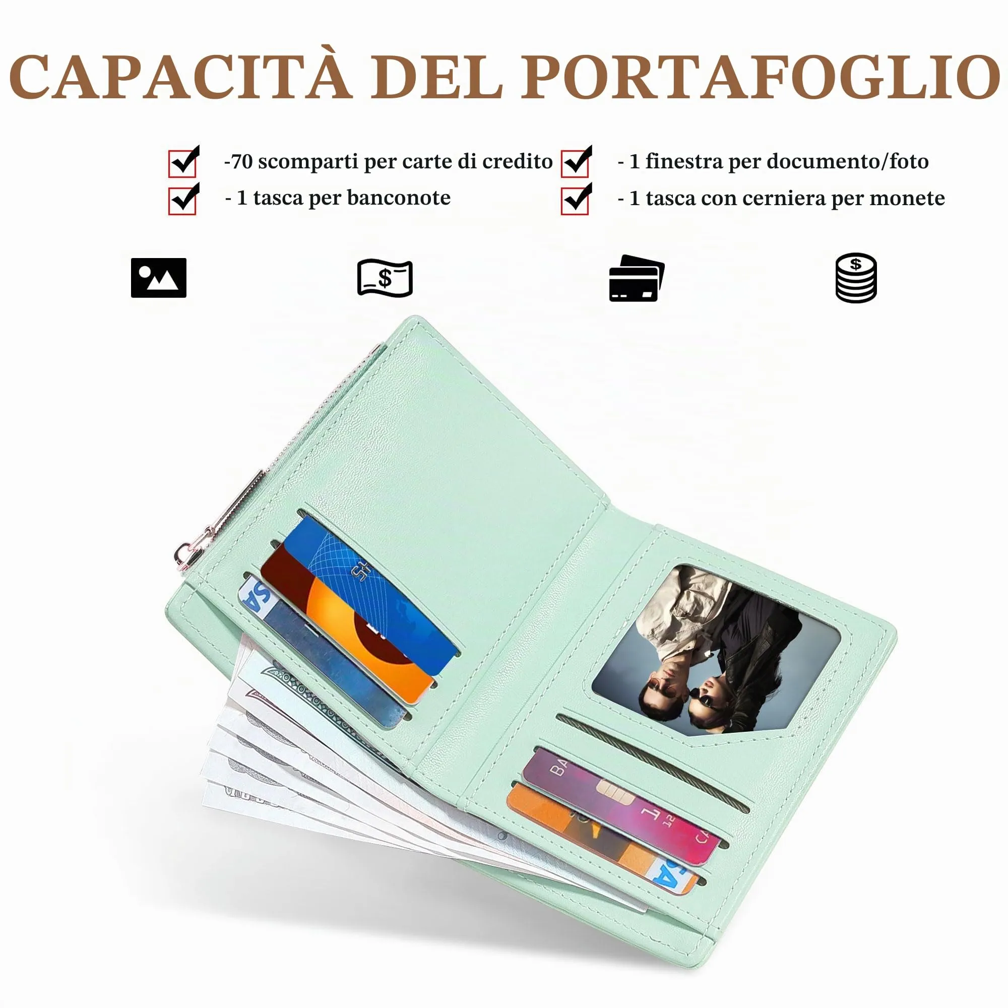 SNCCJ Portafoglio Donna Piccolo Carino, Portafoglio Sottile con Cerniera Portamonete e Bloccaggio RFID per Donna e Ragazza (Fiori Verde) - immagine 2