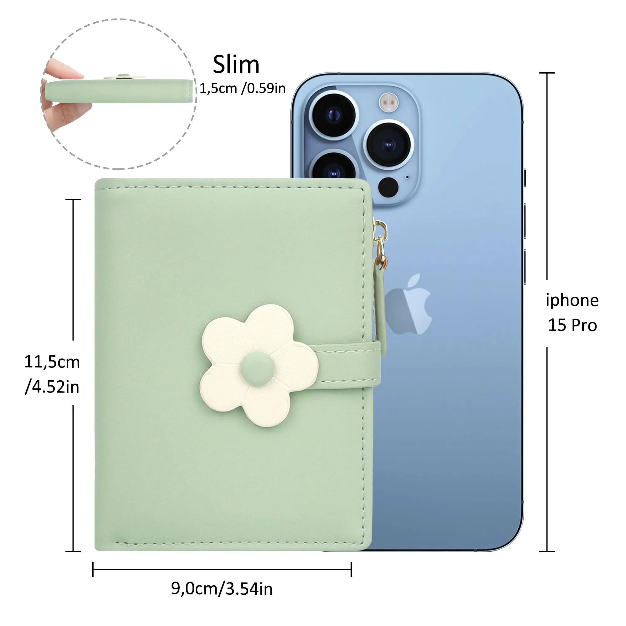 SNCCJ Portafoglio Donna Piccolo Carino, Portafoglio Sottile con Cerniera Portamonete e Bloccaggio RFID per Donna e Ragazza (Fiori Verde) - immagine 4