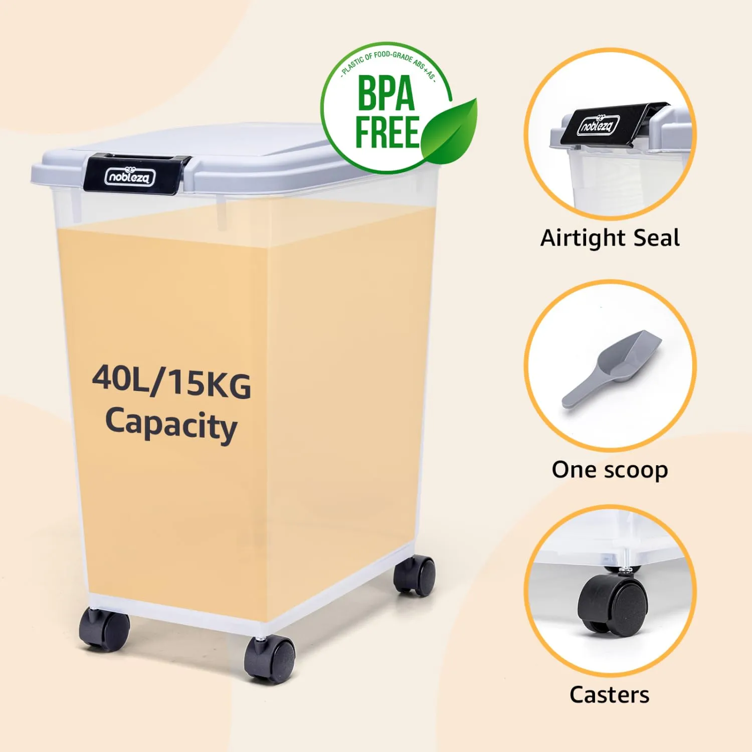 Nobleza - Contenitore per Animali da 40 L,Animali Domestici Scatola di Alimenti con Ruote Contenitore,Coperchio Ribaltabile, Ermetico,Trasparente,Ruote e Pala,per Cibo per Cani e Gatti,Grigio - immagine 2