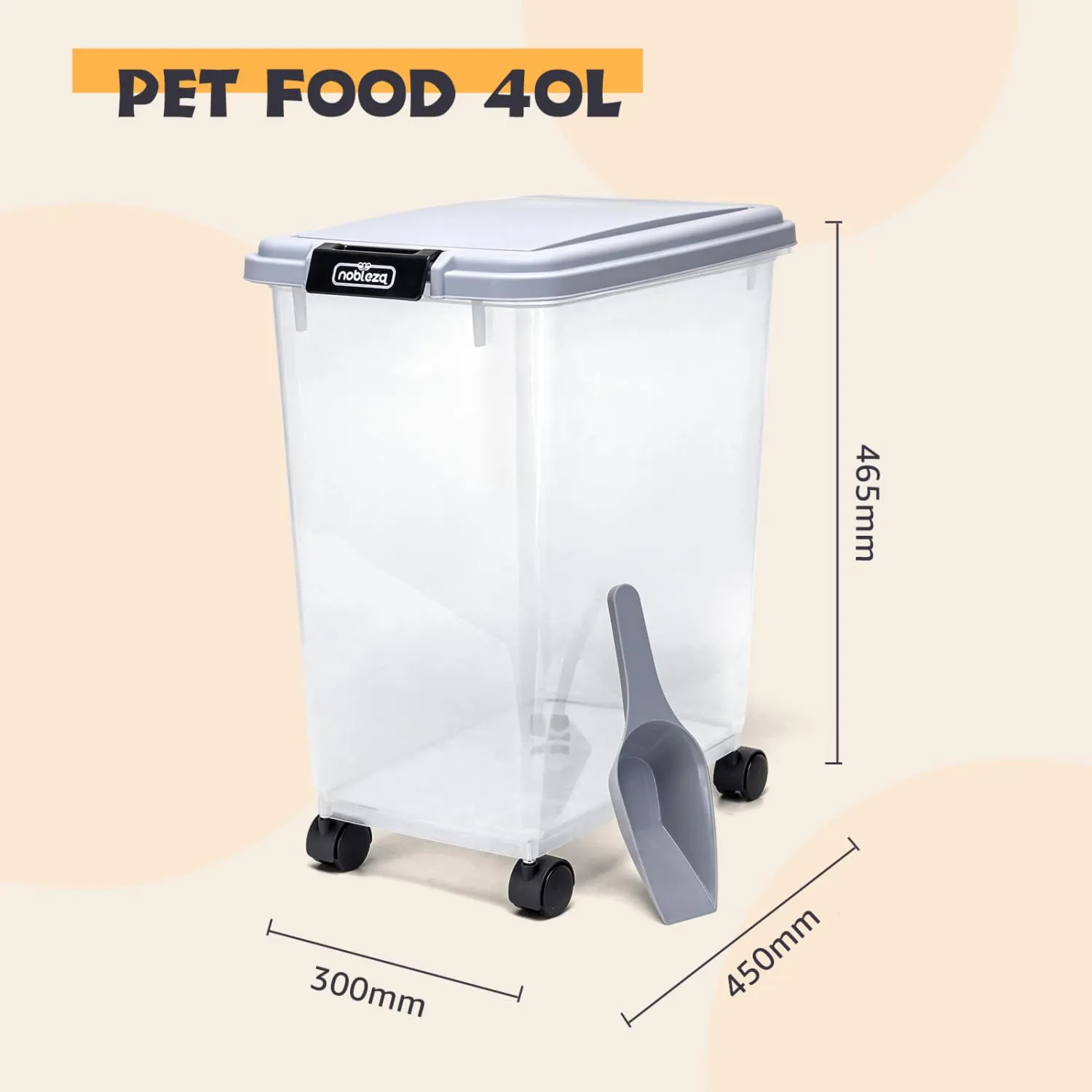 Nobleza - Contenitore per Animali da 40 L,Animali Domestici Scatola di Alimenti con Ruote Contenitore,Coperchio Ribaltabile, Ermetico,Trasparente,Ruote e Pala,per Cibo per Cani e Gatti,Grigio - immagine 3