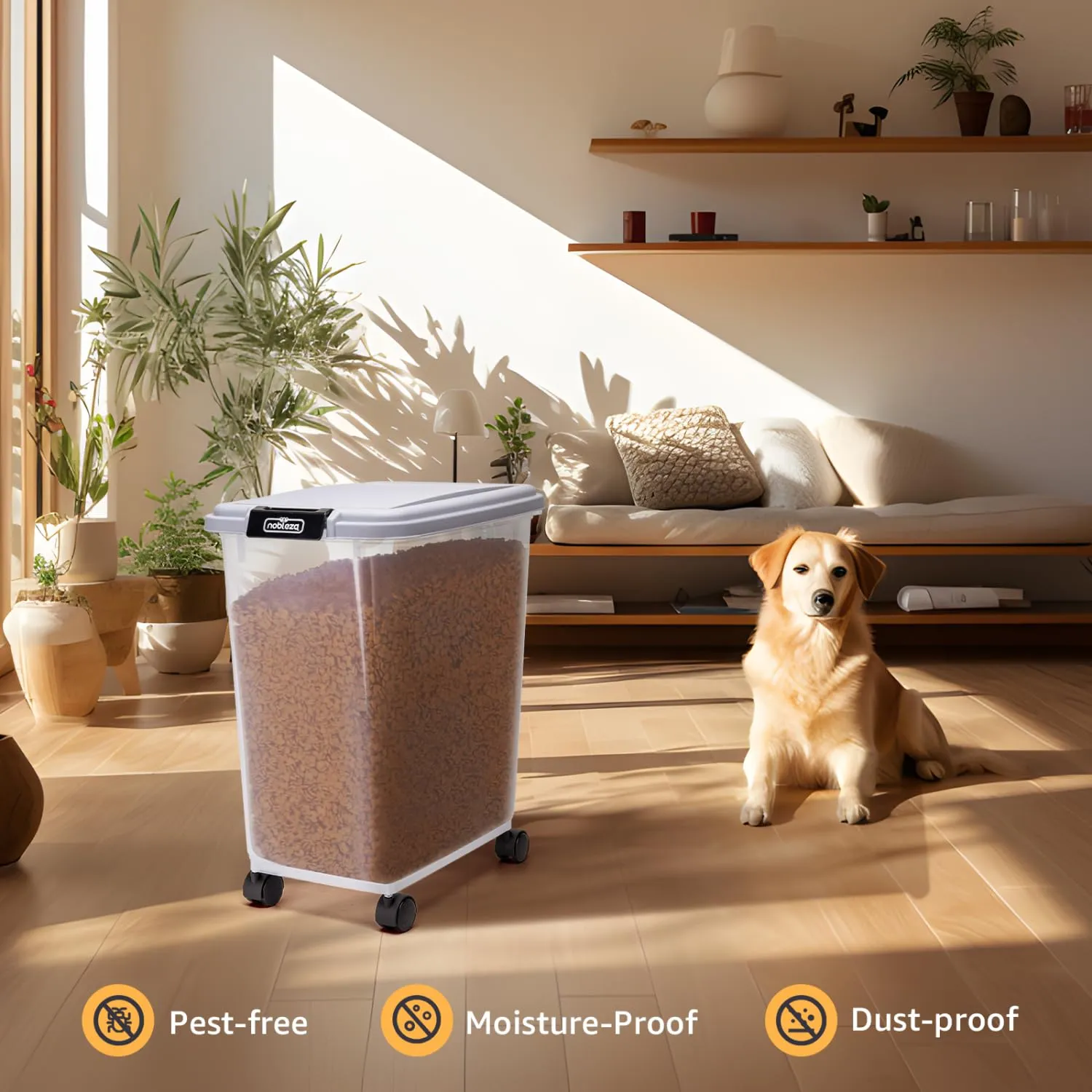 Nobleza - Contenitore per Animali da 40 L,Animali Domestici Scatola di Alimenti con Ruote Contenitore,Coperchio Ribaltabile, Ermetico,Trasparente,Ruote e Pala,per Cibo per Cani e Gatti,Grigio - immagine 4