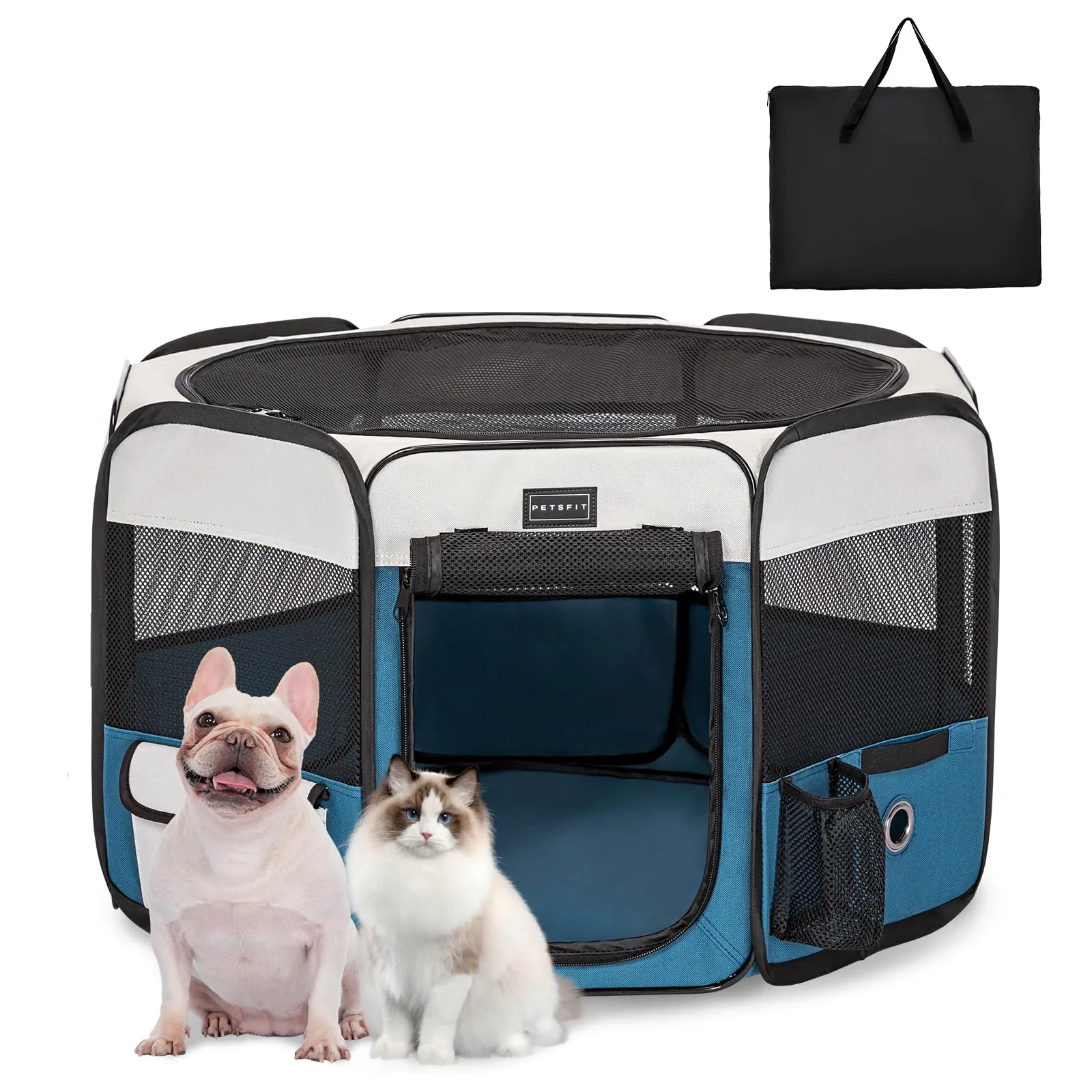 PETSFIT Recinto per Gatti Pieghevole e Portatile, Recinto per Cani con Pavimento impermeabile in Tessuto, grigio e blu, 75 * 68 * 42CM - immagine 1