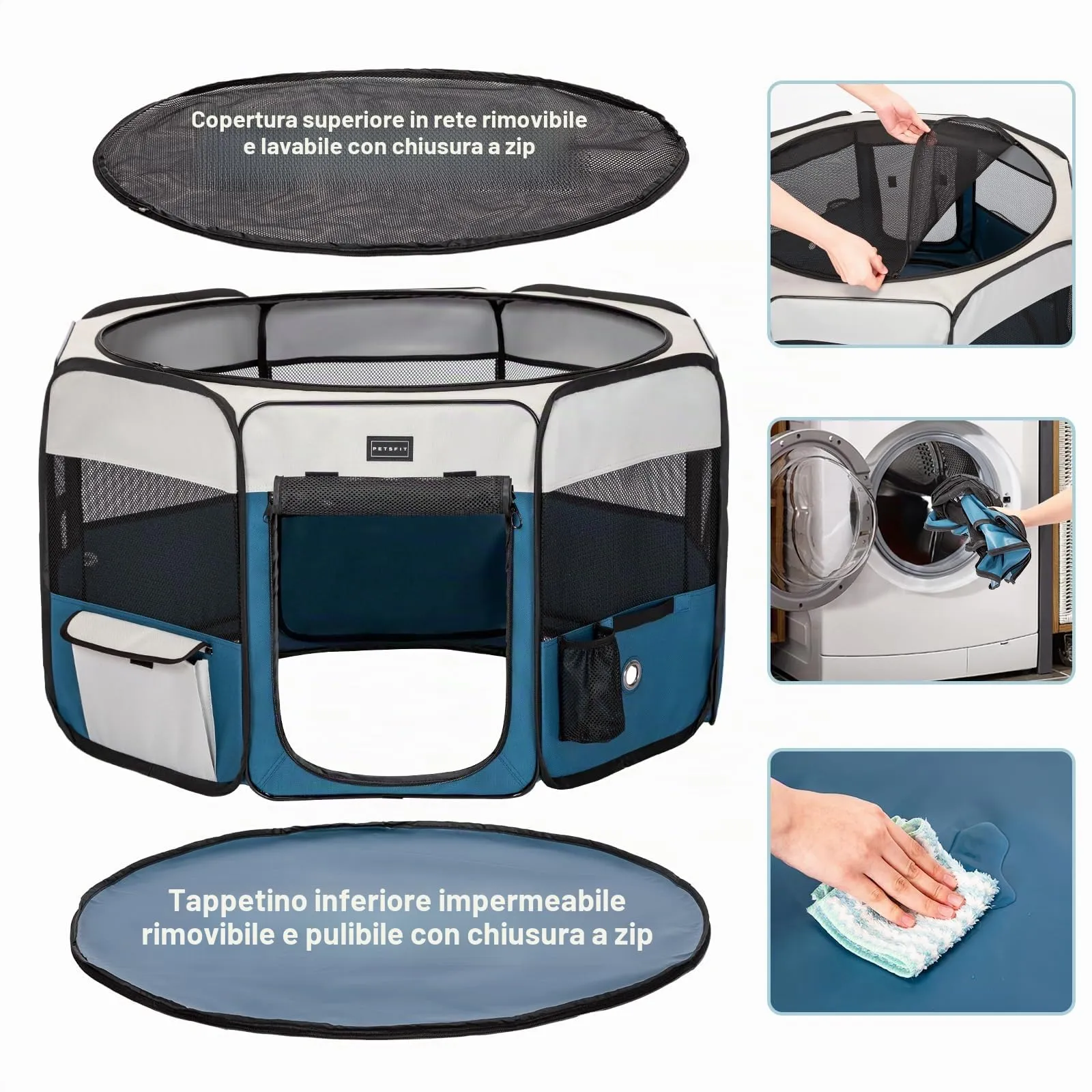 PETSFIT Recinto per Gatti Pieghevole e Portatile, Recinto per Cani con Pavimento impermeabile in Tessuto, grigio e blu, 75 * 68 * 42CM - immagine 2