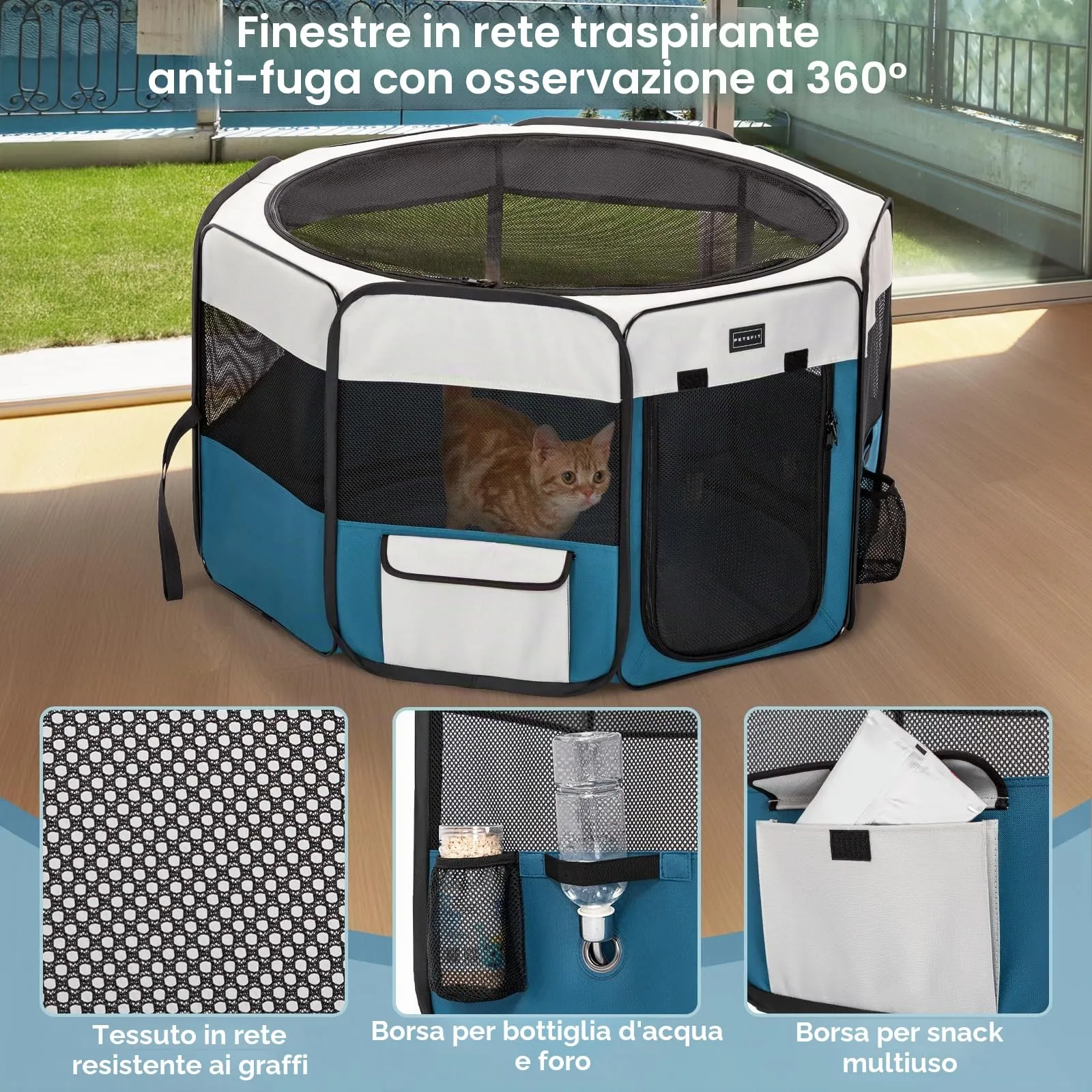 PETSFIT Recinto per Gatti Pieghevole e Portatile, Recinto per Cani con Pavimento impermeabile in Tessuto, grigio e blu, 75 * 68 * 42CM - immagine 4