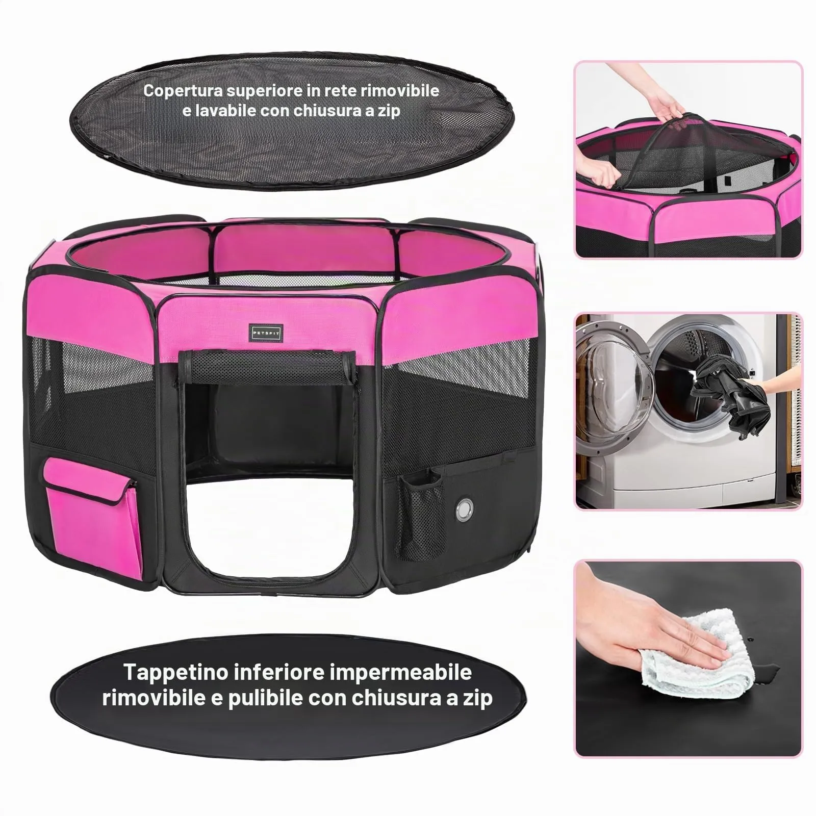 PETSFIT Recinto per Gatti Pieghevole e Portatile, Recinto per Cani con Pavimento impermeabile in Tessuto, rosa, 75 * 68 * 42CM - immagine 2
