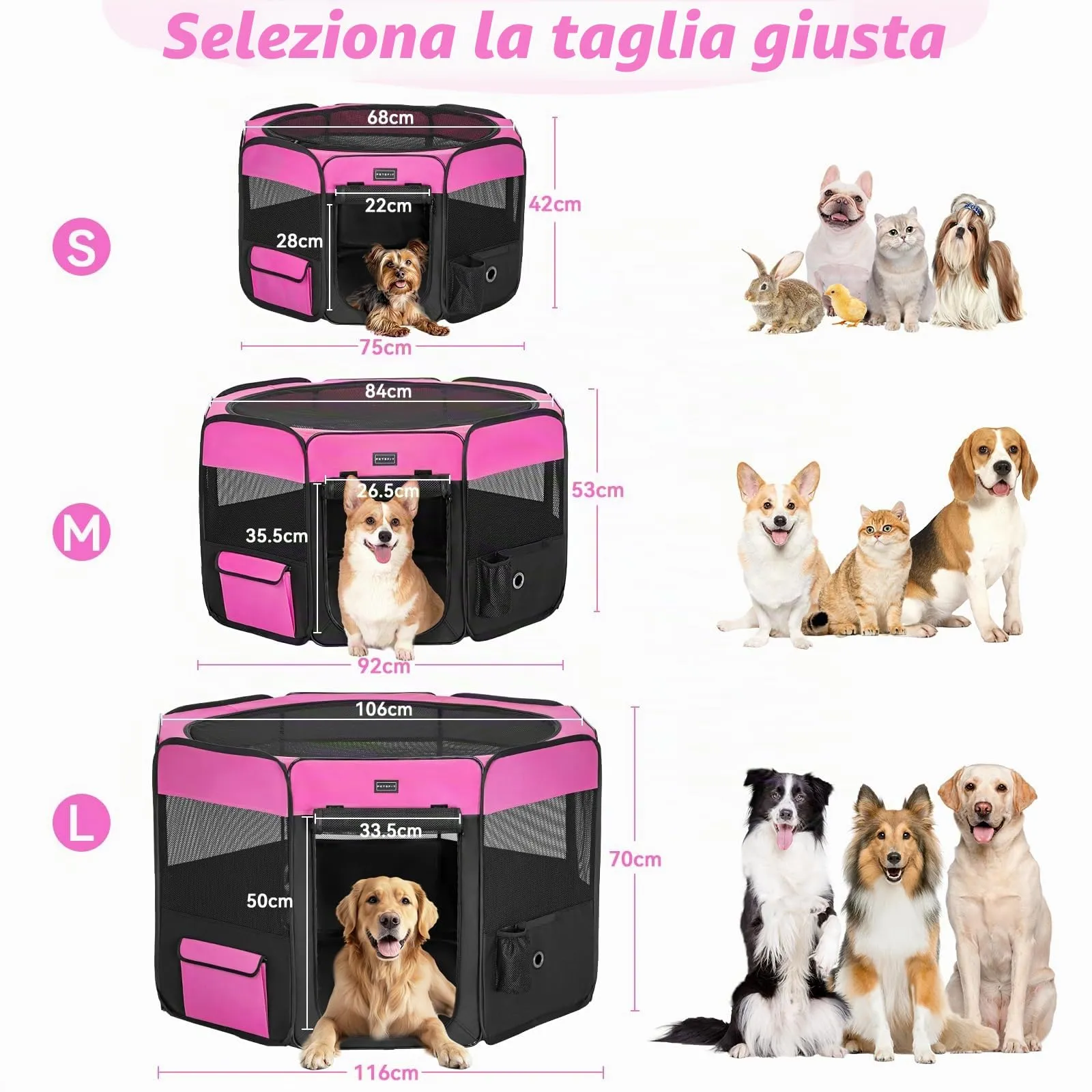 PETSFIT Recinto per Gatti Pieghevole e Portatile, Recinto per Cani con Pavimento impermeabile in Tessuto, rosa, 75 * 68 * 42CM - immagine 3