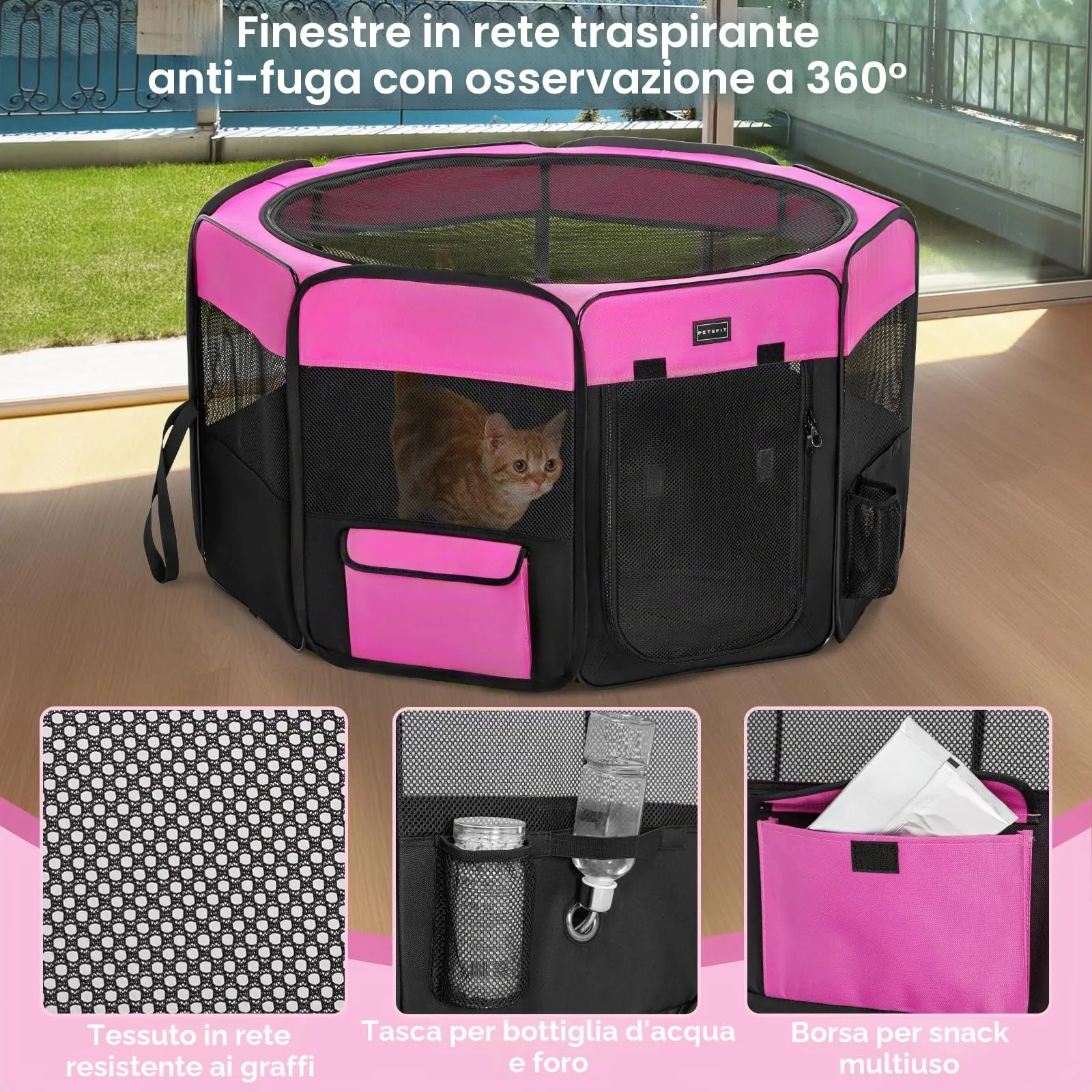 PETSFIT Recinto per Gatti Pieghevole e Portatile, Recinto per Cani con Pavimento impermeabile in Tessuto, rosa, 75 * 68 * 42CM - immagine 4