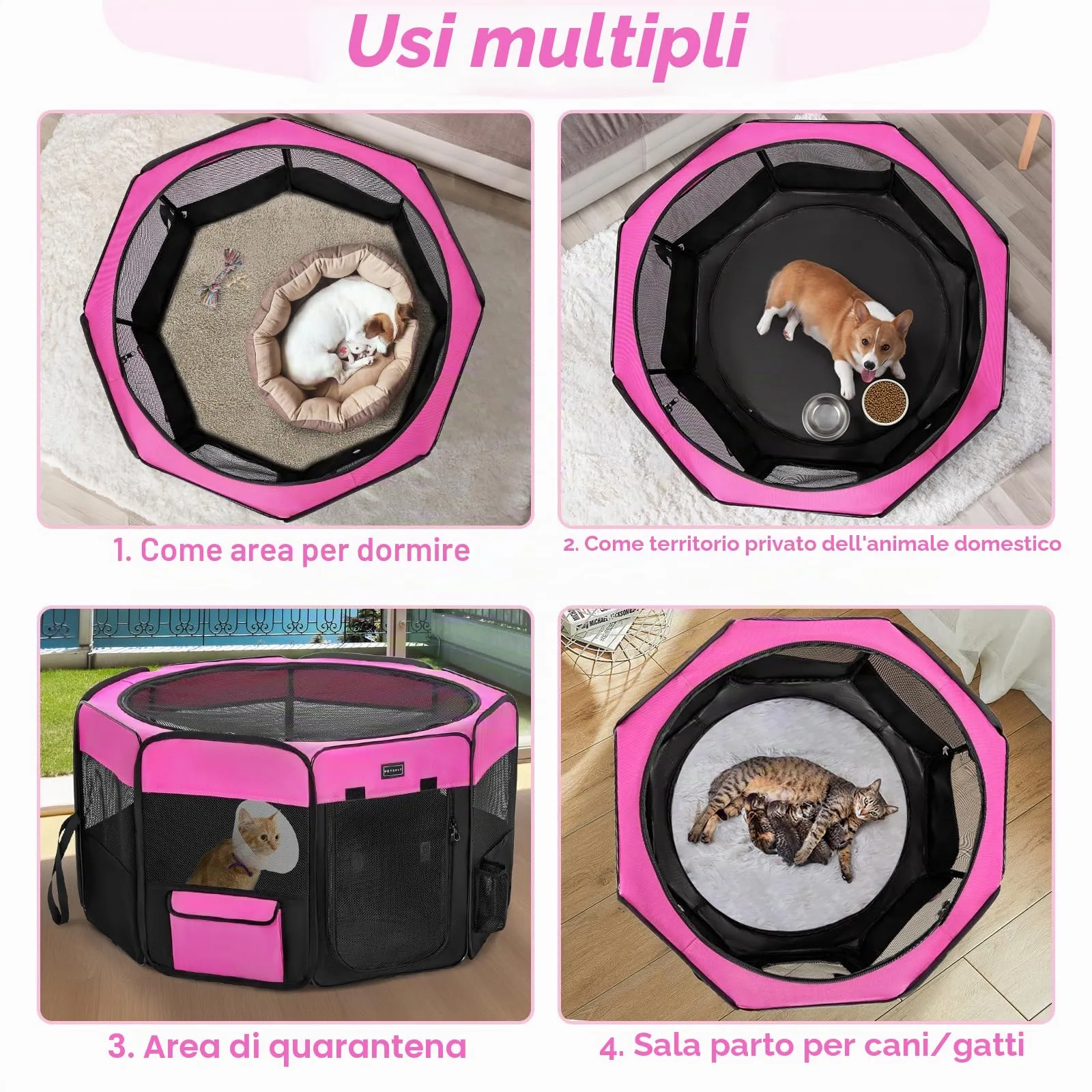 PETSFIT Recinto per Gatti Pieghevole e Portatile, Recinto per Cani con Pavimento impermeabile in Tessuto, rosa, 75 * 68 * 42CM - immagine 6