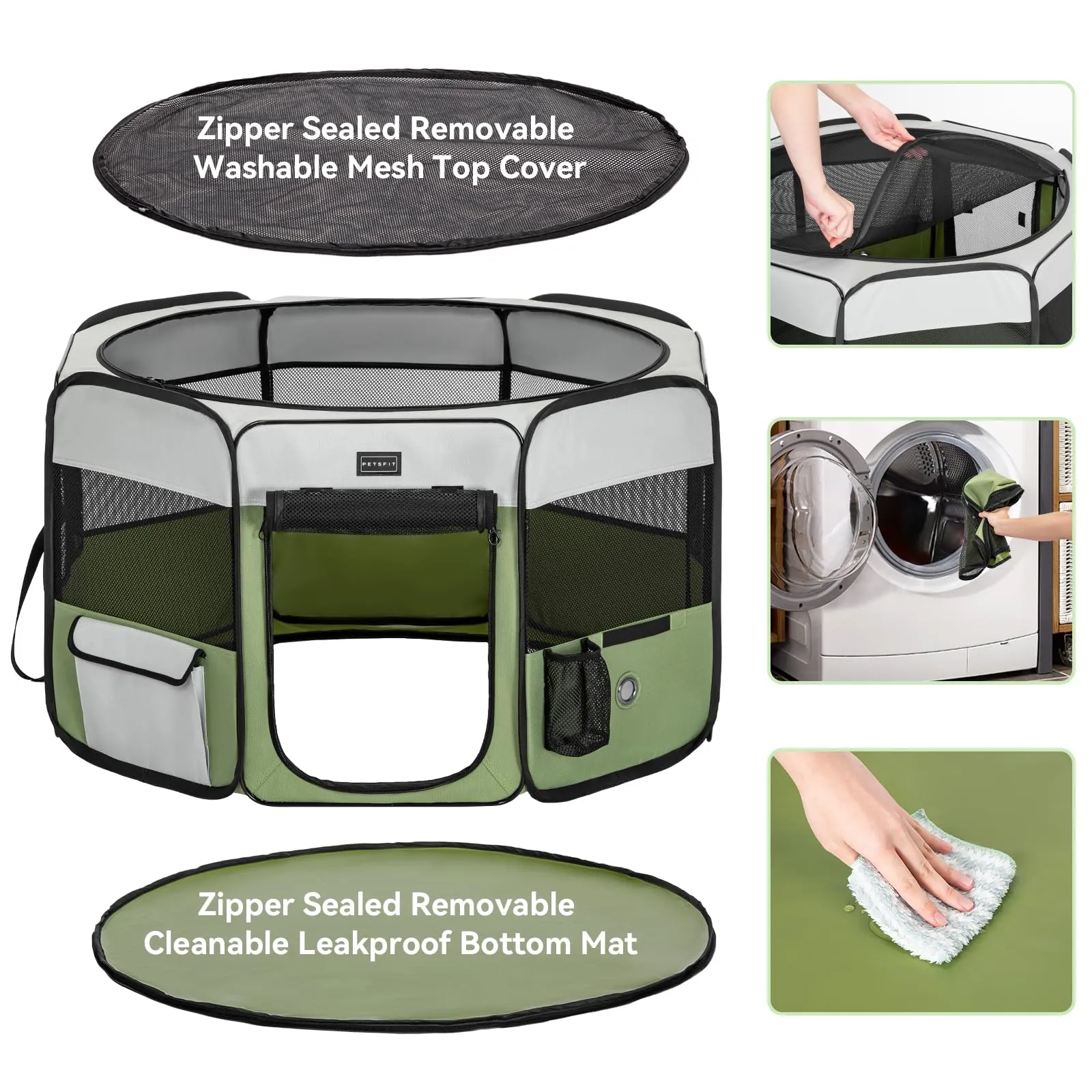 PETSFIT Recinto per Cani e Gatti pieghevole e Portatile, Box per Animali con Pavimento impermeabile in Tessuto, grigio e verde, 92 * 84 * 53CM - immagine 2