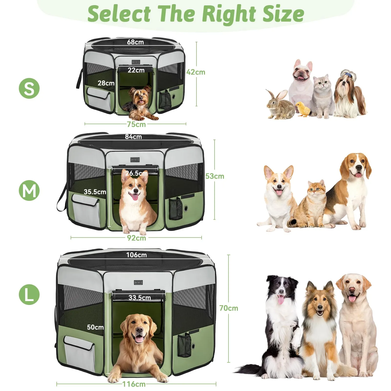 PETSFIT Recinto per Cani e Gatti pieghevole e Portatile, Box per Animali con Pavimento impermeabile in Tessuto, grigio e verde, 92 * 84 * 53CM - immagine 3
