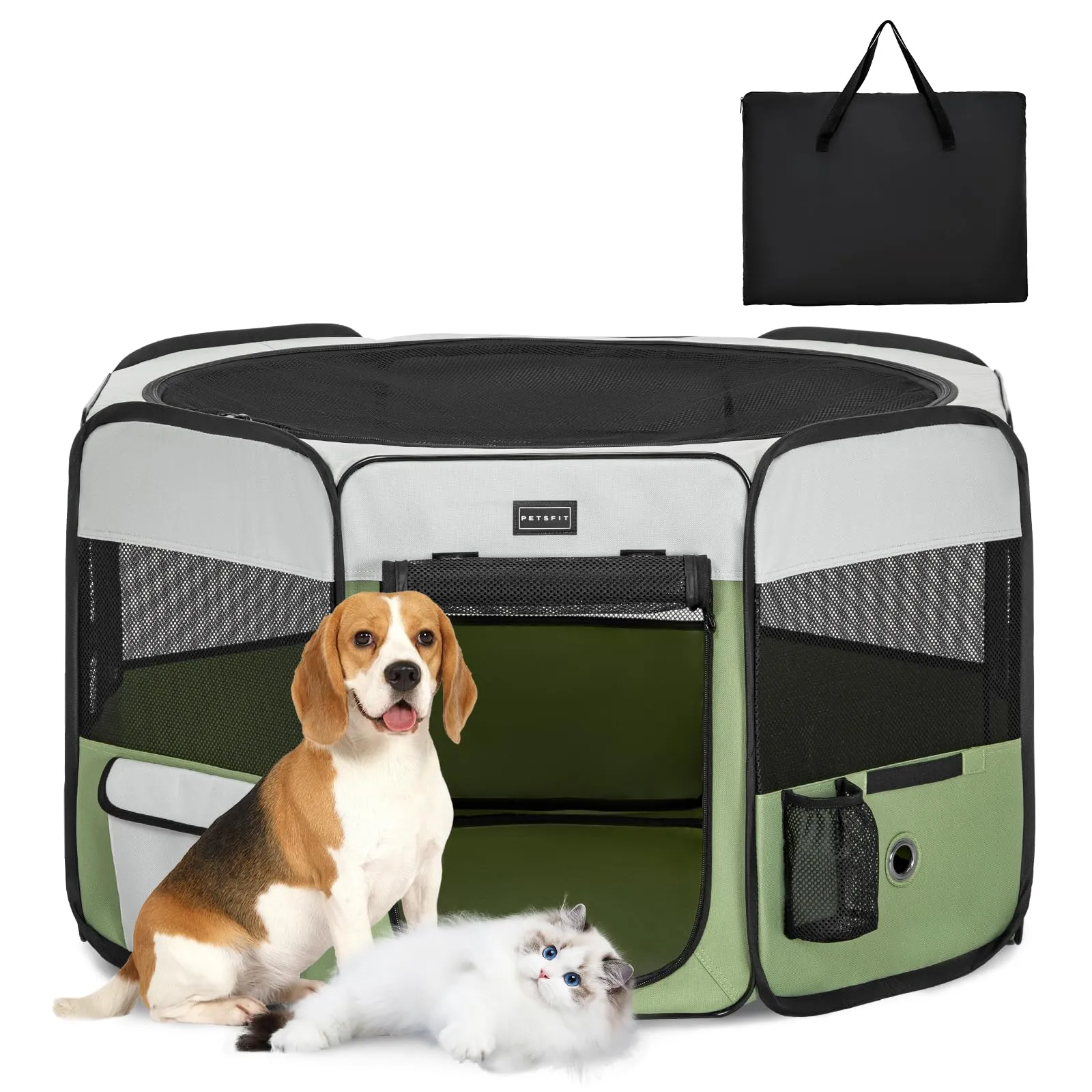PETSFIT Recinto per Cani e Gatti pieghevole e Portatile, Box per Animali con Pavimento impermeabile in Tessuto, grigio e verde, 92 * 84 * 53CM - immagine 7