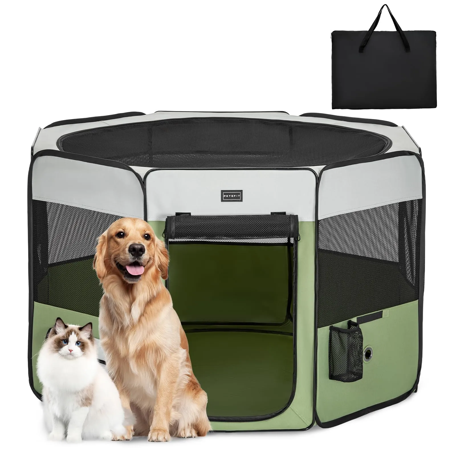 PETSFIT Recinto per Cani pieghevole, con Coperchio rimovibile, Cuccia per Animali con Pavimento impermeabile in Tessuto, grigio e verde, 116 * 106 * 70CM - immagine 1