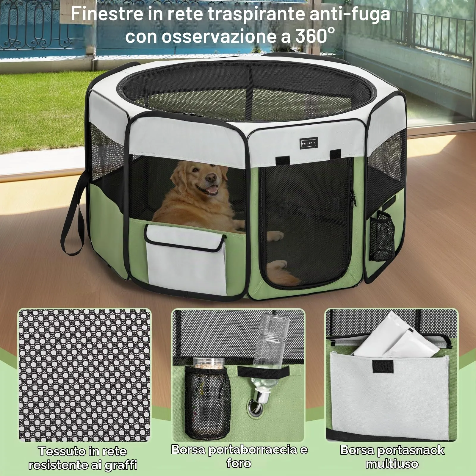 PETSFIT Recinto per Cani pieghevole, con Coperchio rimovibile, Cuccia per Animali con Pavimento impermeabile in Tessuto, grigio e verde, 116 * 106 * 70CM - immagine 4